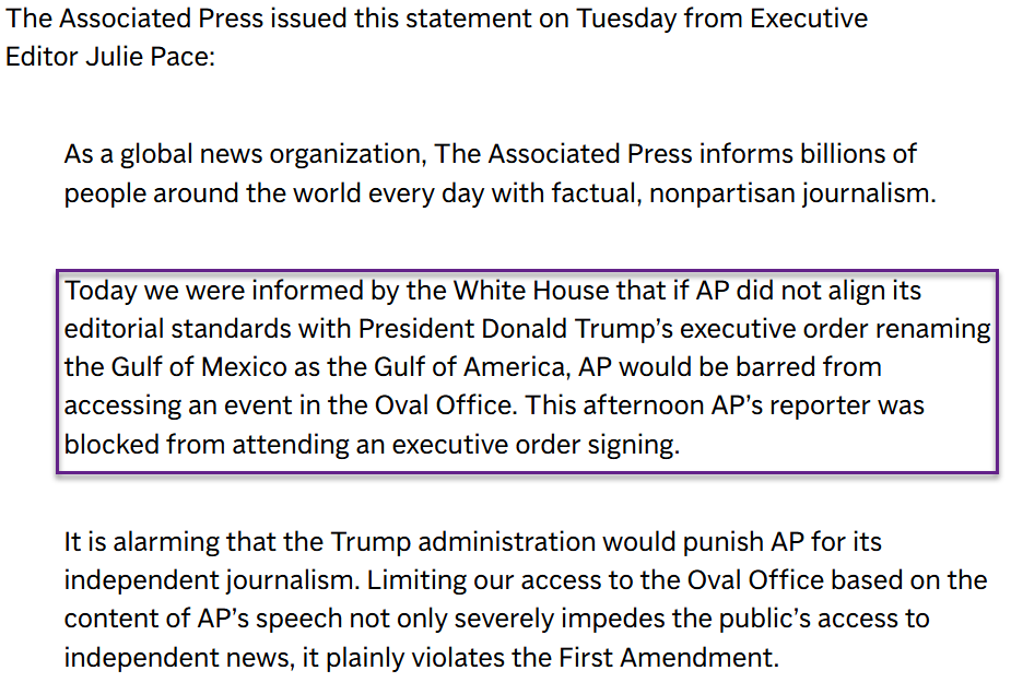 The AP is banned from the White House for refusing to call it the Gulf of America