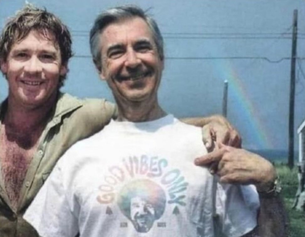 Mr. Rogers rocking a Bob Ross tee, chilling with the Crocodile Hunter, and a rainbow to top it off!