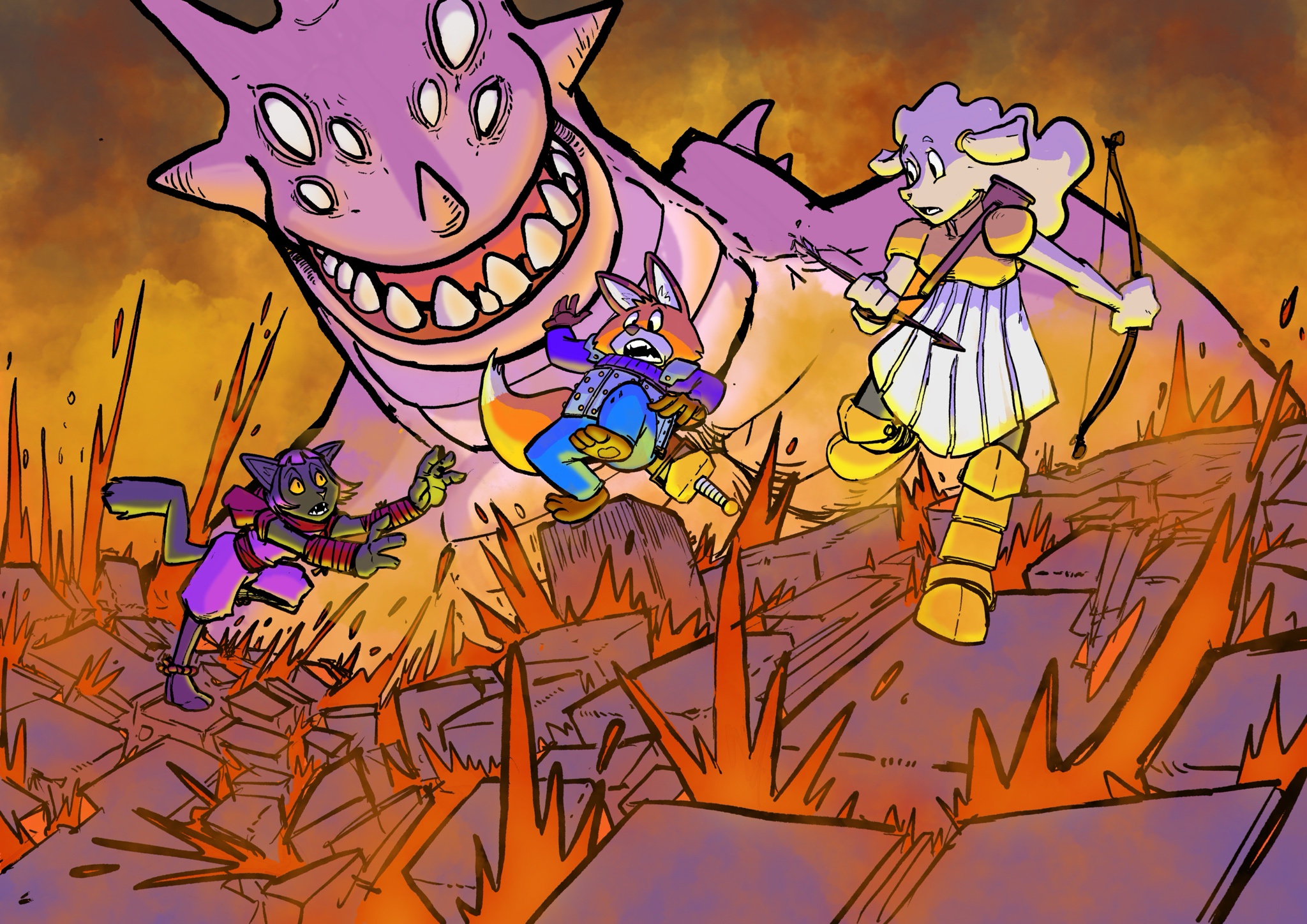 A Fox and Friends Facing Off Against a Pink Dragon