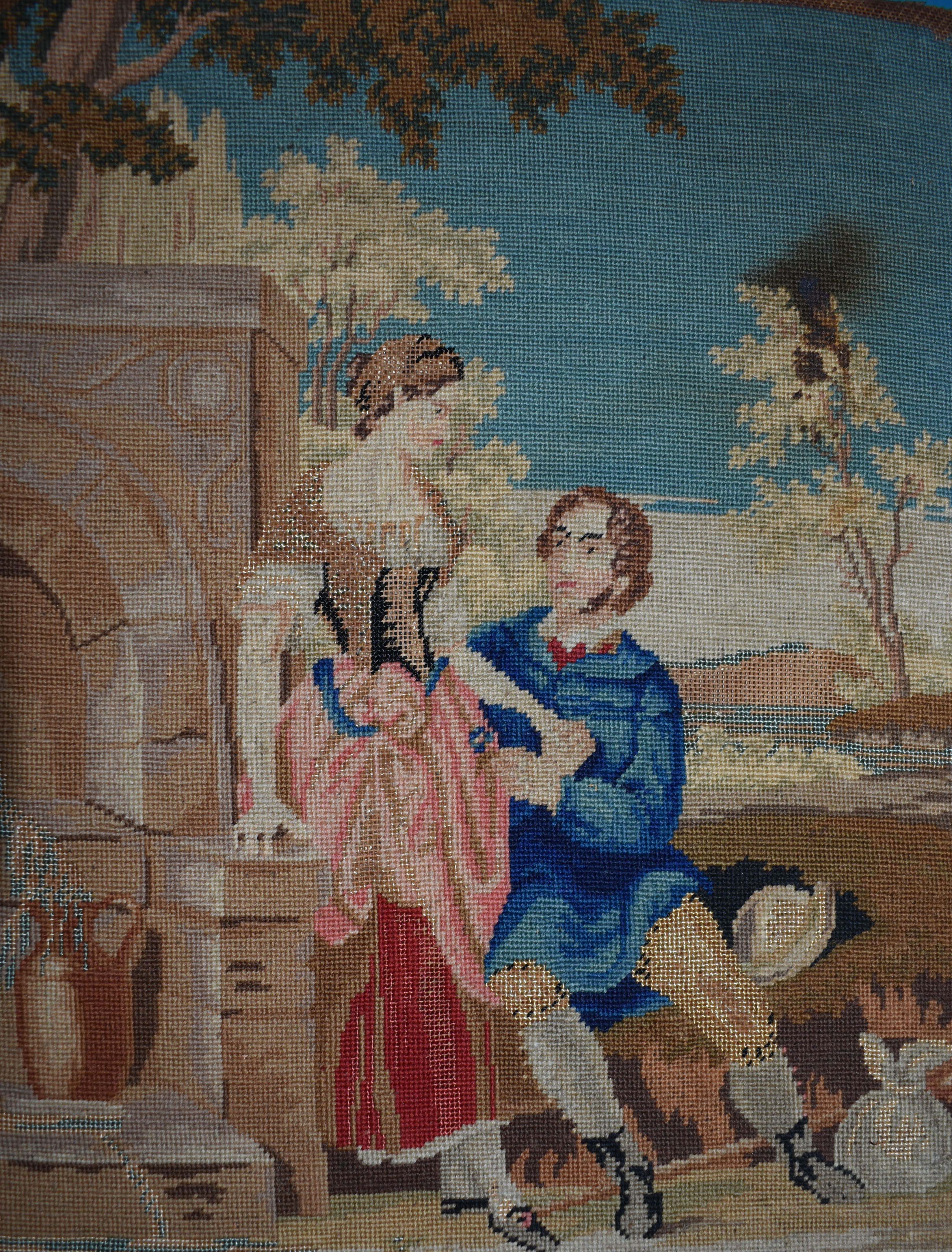 A glimpse into 19th-century embroidery: A serene scene at the fountain.