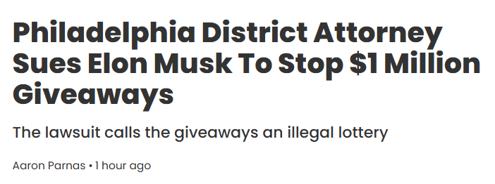 Philadelphia DA takes legal action against Elon Musk to halt his $1 million giveaways.