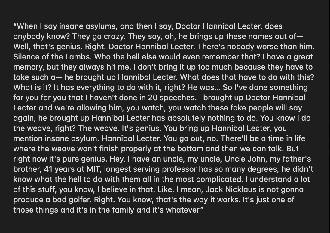 Challenge a Trump supporter to read this aloud and then explain how it’s not a sign of dementia.