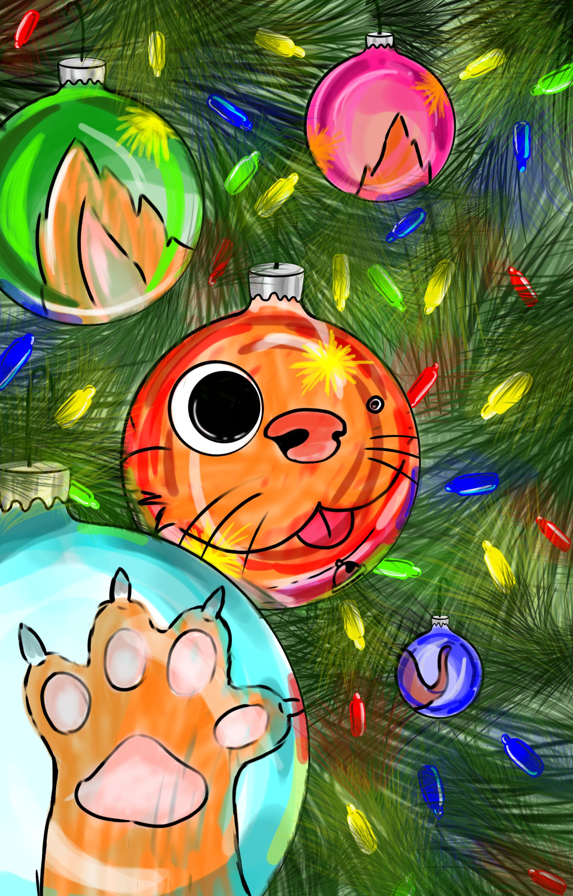 I illustrated a mischievous cat causing chaos around the Christmas tree!