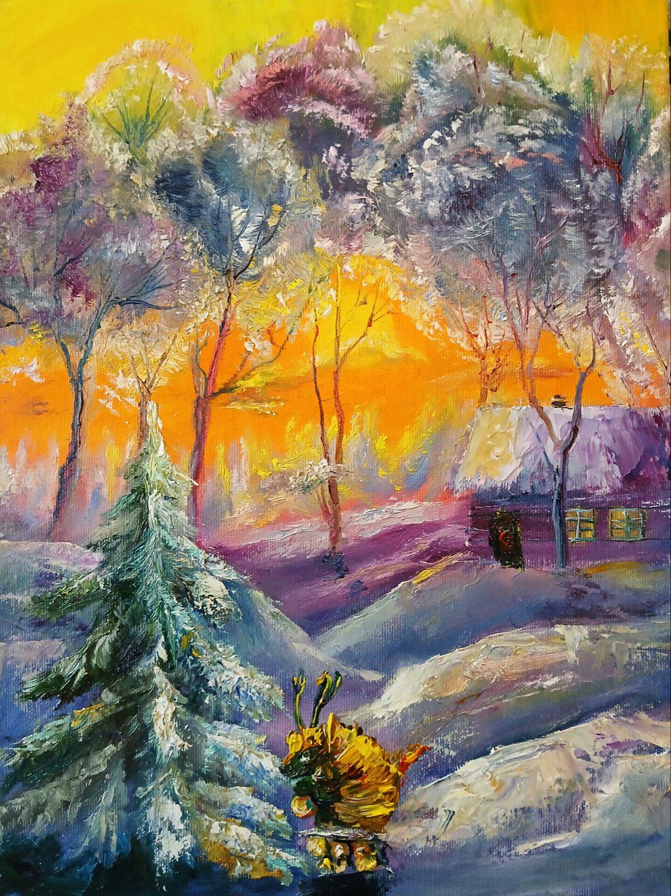 My oil painting captures the Christmas spirit as it decorates a village tree.