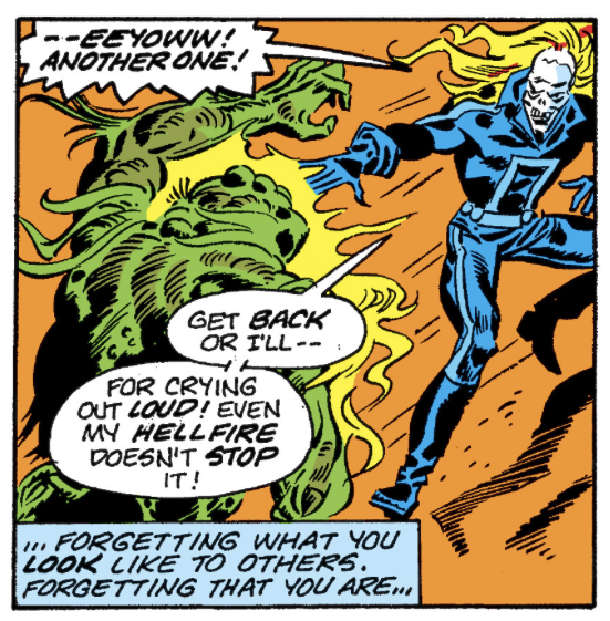 Man-Thing's incredible resistance to the flames of Hellfire!