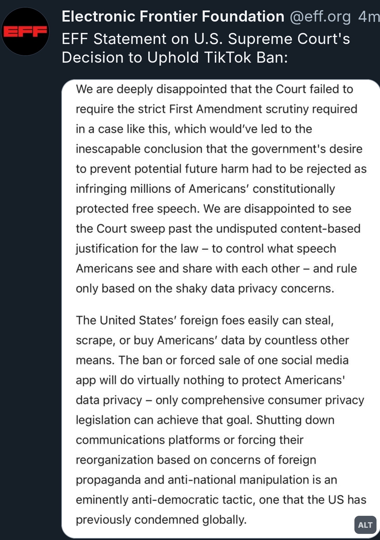 EFF Responds to the TikTok Ban Controversy