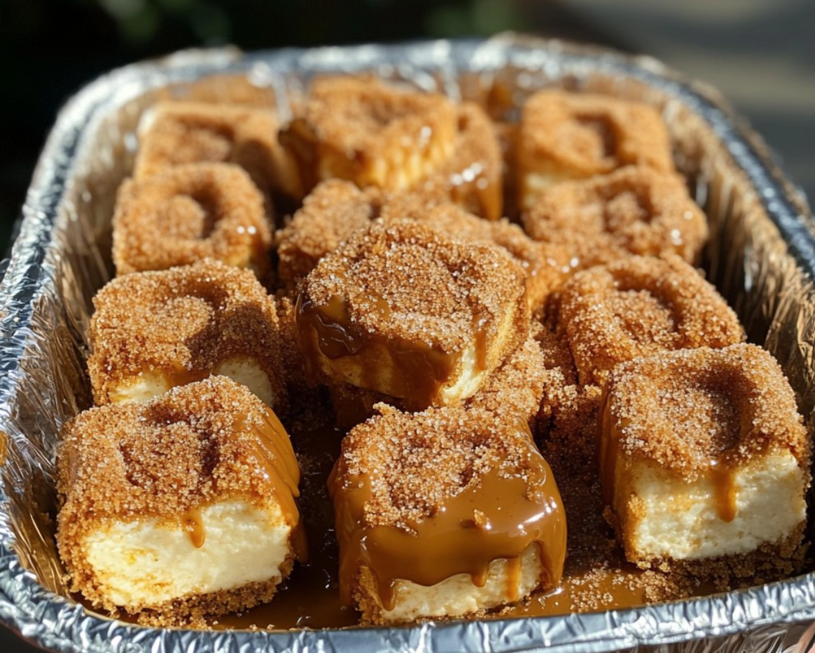 Indulge in Churro Cheesecake Cookie Butter Bites - a pan full of bliss!