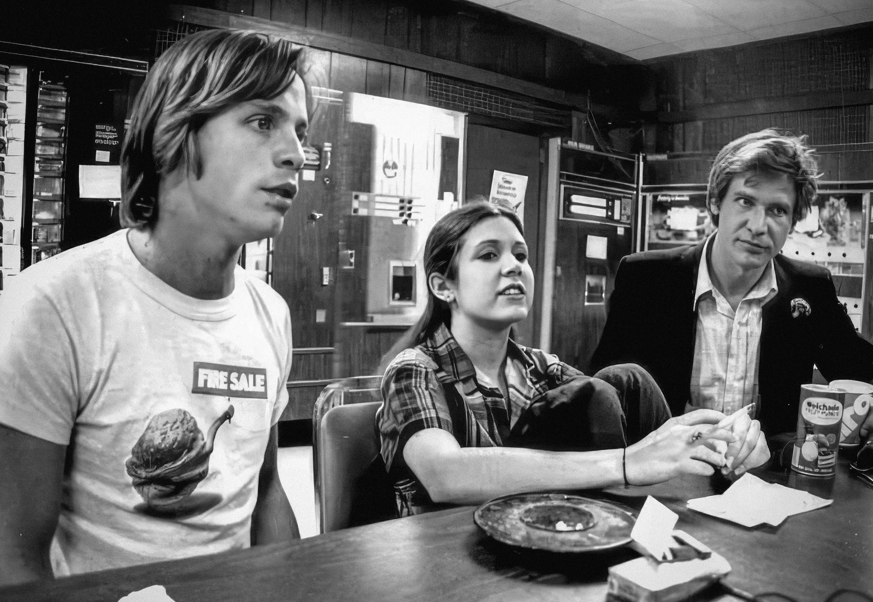 A legendary lunchroom moment with Mark Hamill, Carrie Fisher, and Harrison Ford - Denver Post, June 14, 1977.