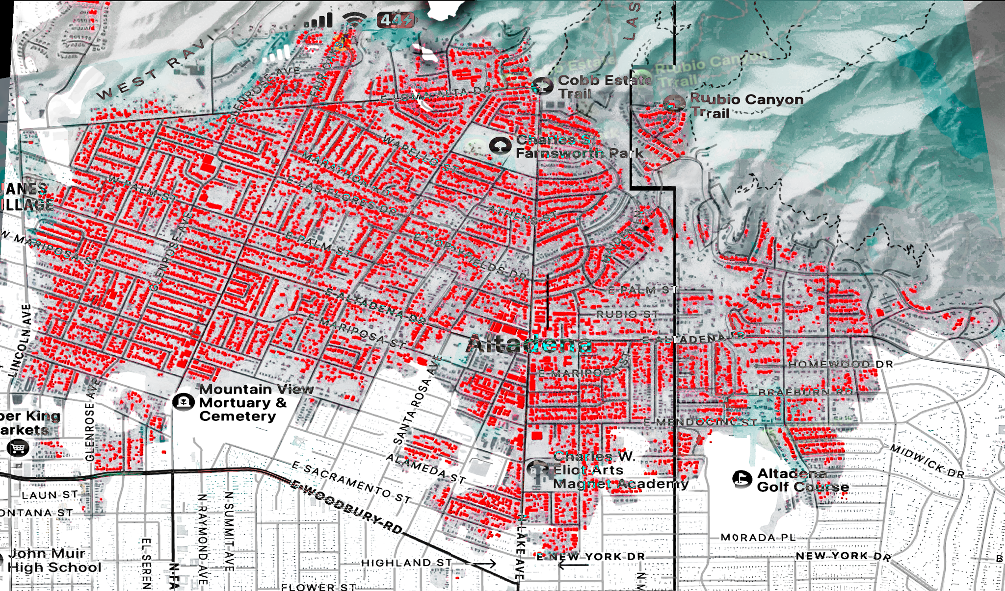 Eaton Fire map of Altadena highlighting damaged homes in red and untouched structures in grey