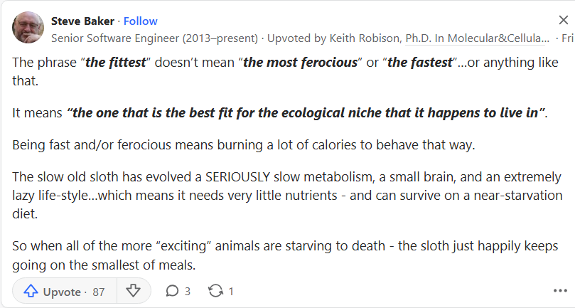 If evolution champions 'survival of the fittest,' why do sloths still exist?