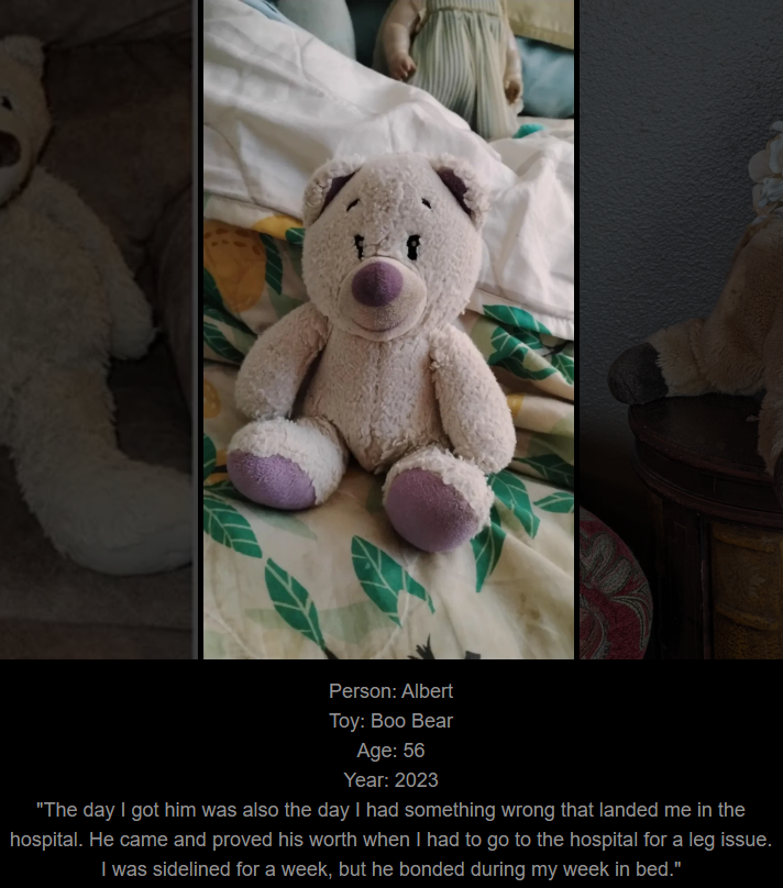 Day 761: A heartfelt invitation to explore my website, www.saidtheskinhorse.com, where we celebrate the cherished bond with our childhood toys. Meet Boo Bear, our latest addition!