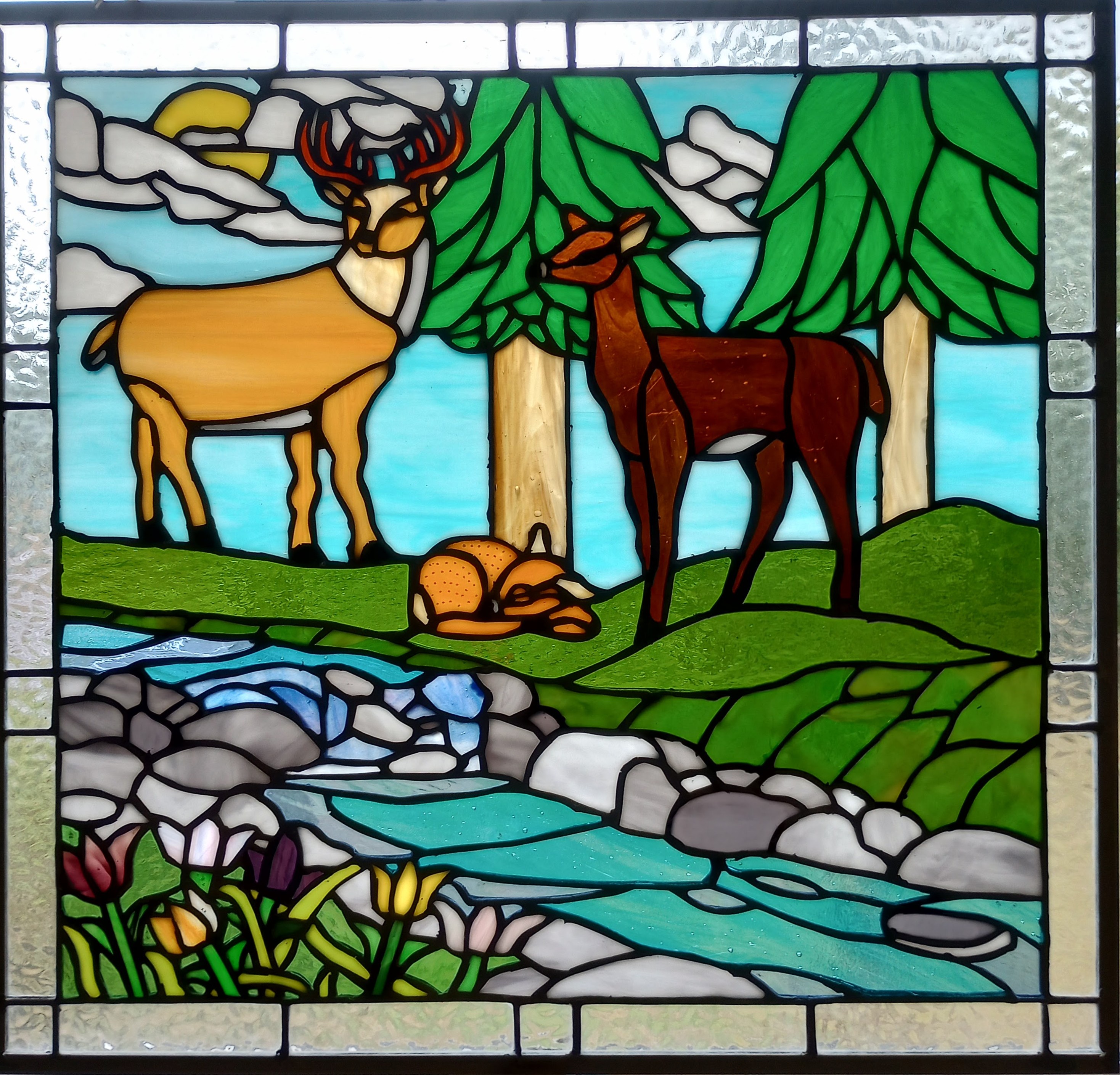 Beautiful Stained Glass Panel Featuring a Deer Family