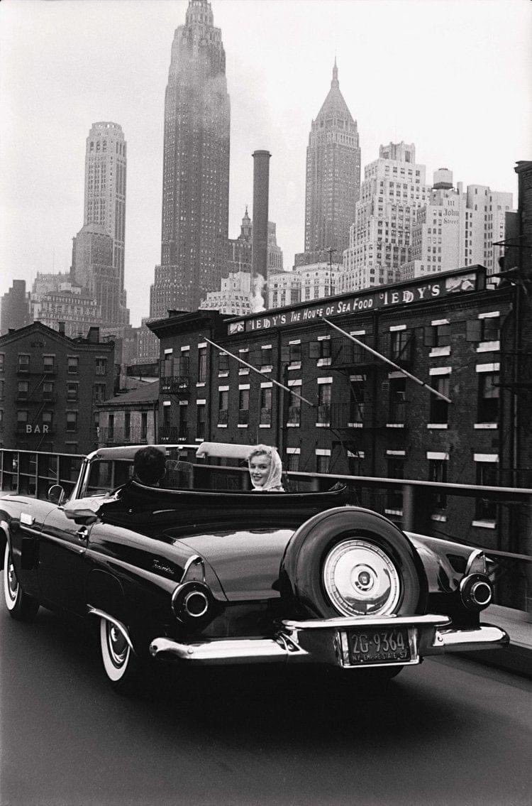 Marilyn Monroe cruising through NYC in her stunning 1955 black Ford Thunderbird, a gift from Milton Greene