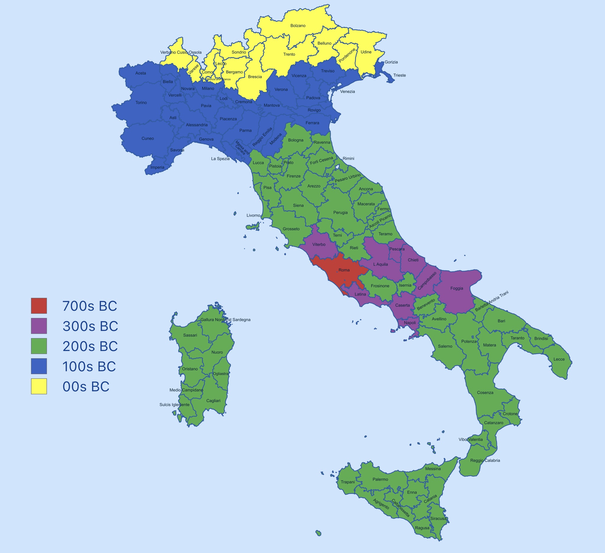 A timeline of when each modern Italian province joined the Roman Empire