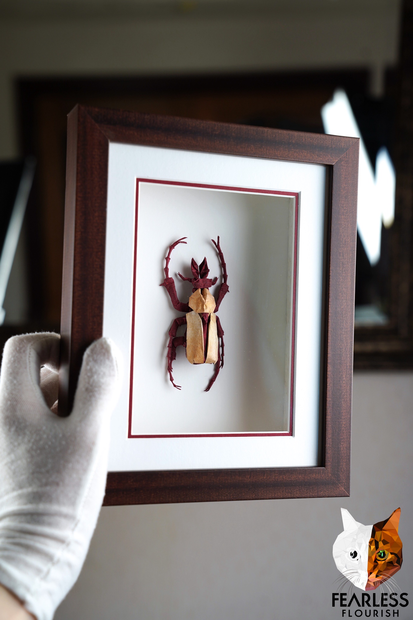 Check Out My Origami Dicronocephalus Wallichii Insect Made from a Single Sheet of Paper, Professionally Framed!