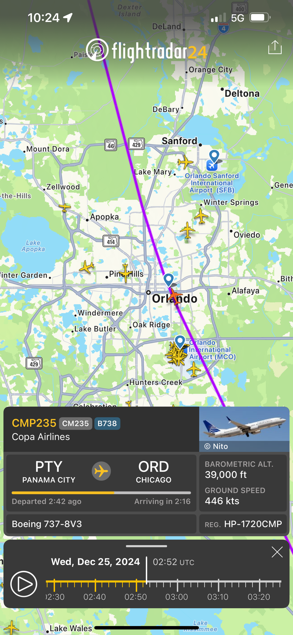 Flight CMP235 Soaring Over Orlando at 9:52 PM on Christmas Eve 2024