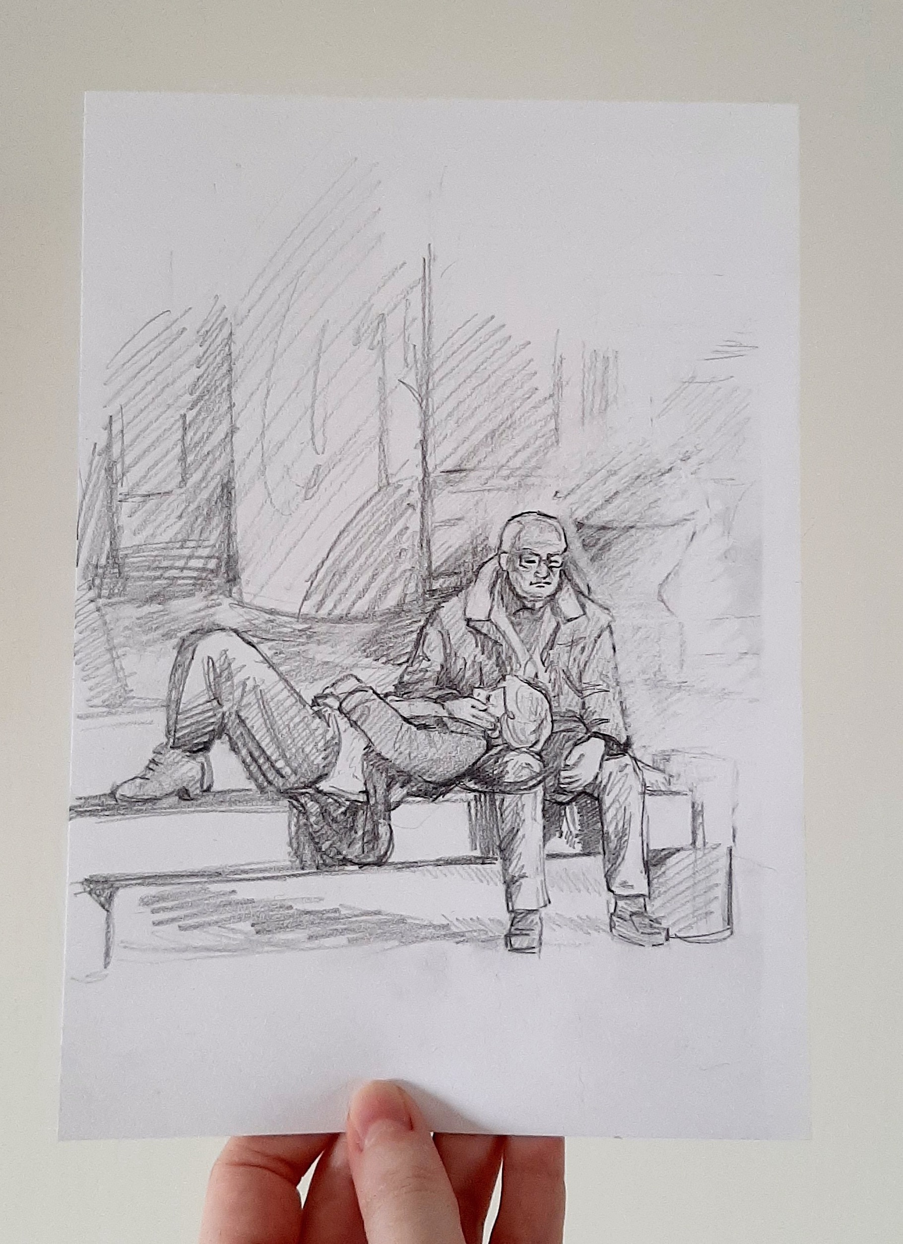 A Heartwarming Sketch of an Elderly Couple Enjoying a Nap on a Bench