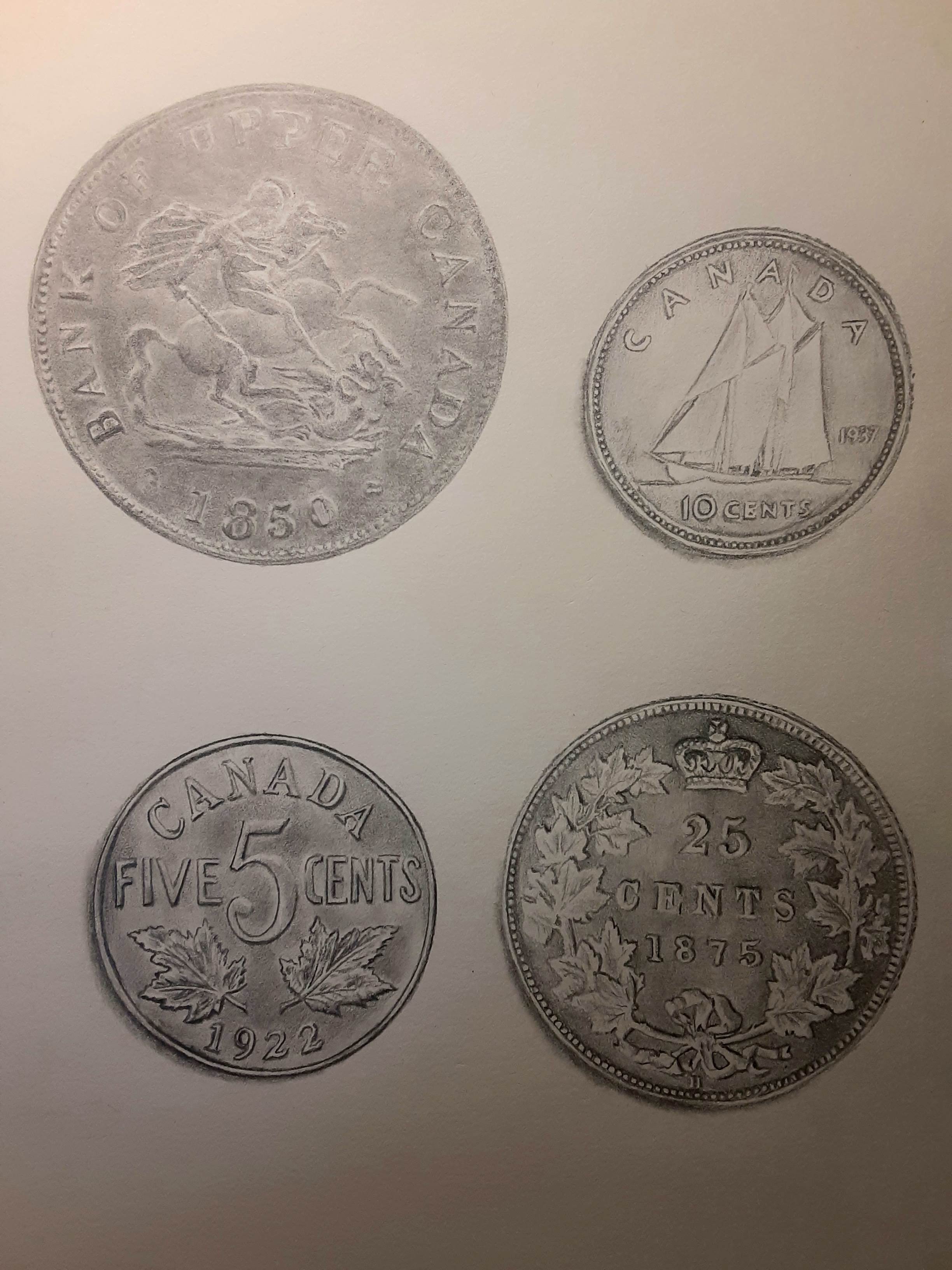 Artistic Representation of Canadian Coins in Pencil