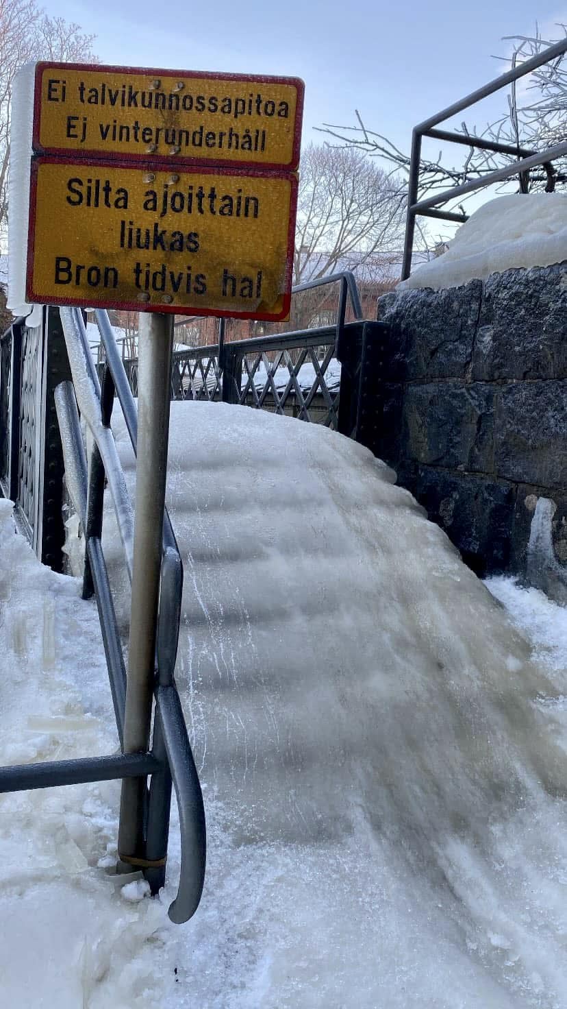 Surprise! No winter maintenance means this bridge can be a slippery adventure