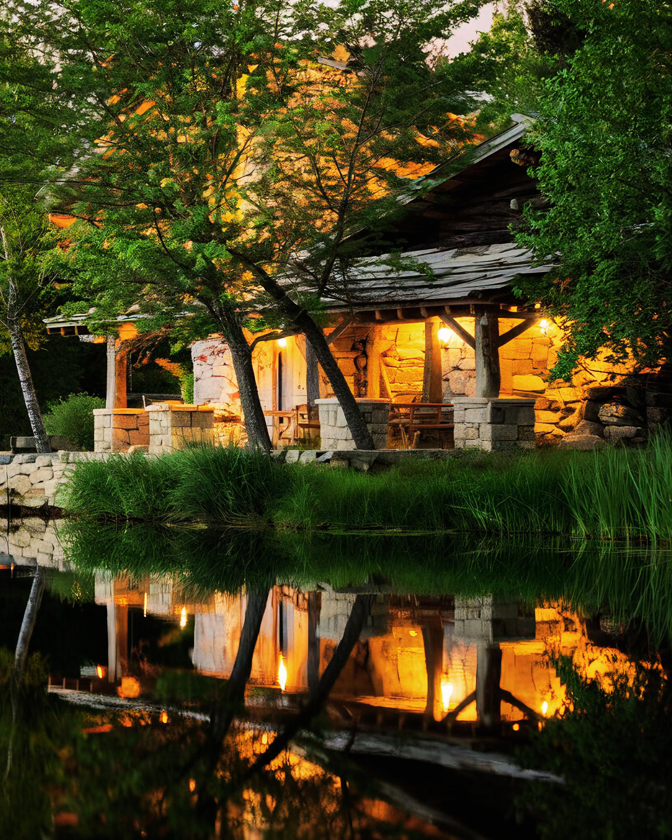 A Rustic Lakeside Cabin Bathed in Dusk's Glow