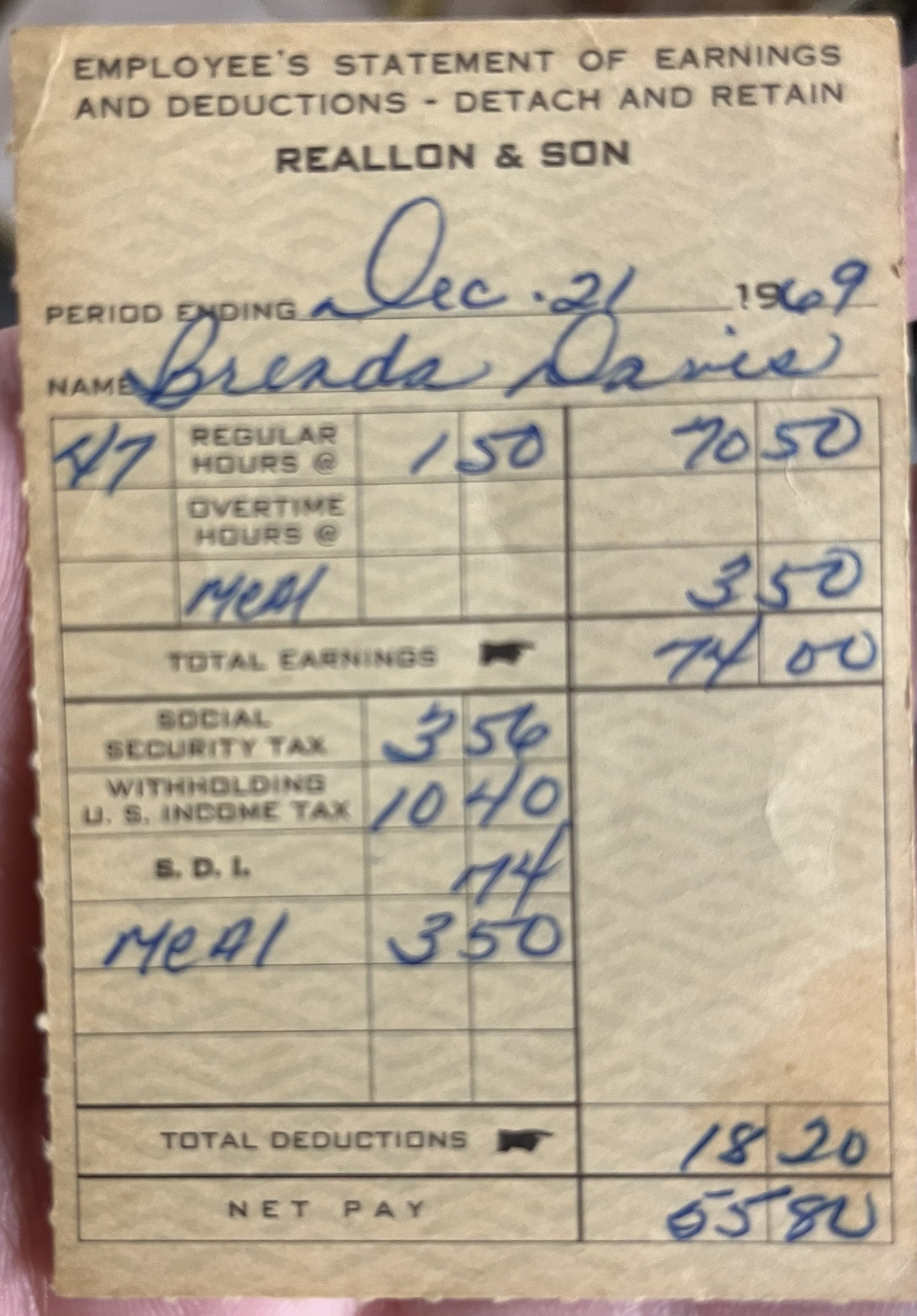 A nostalgic glimpse: my grandmother's paycheck stub from 1969