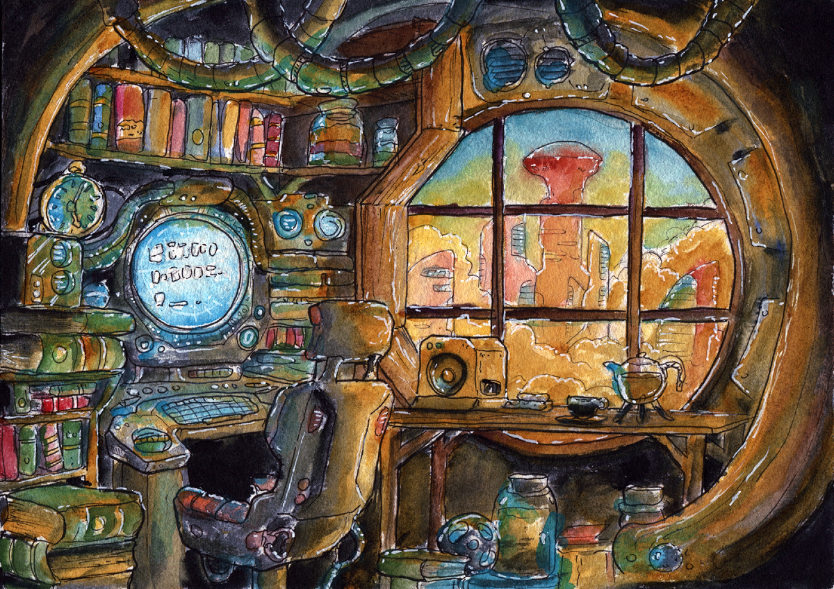 Check out my latest aquarelle painting: a cozy computer hideout with line art and work in progress!