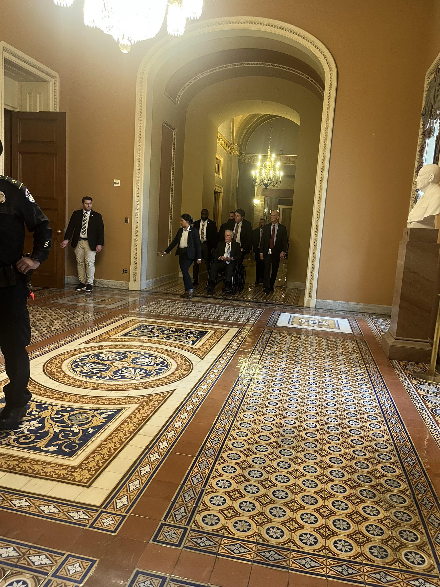 Mitch McConnell faces challenges after multiple falls today, now in a wheelchair