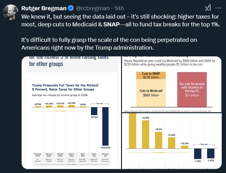 Tax hikes for the majority while slashing Medicaid and SNAP to benefit the wealthiest 1%.