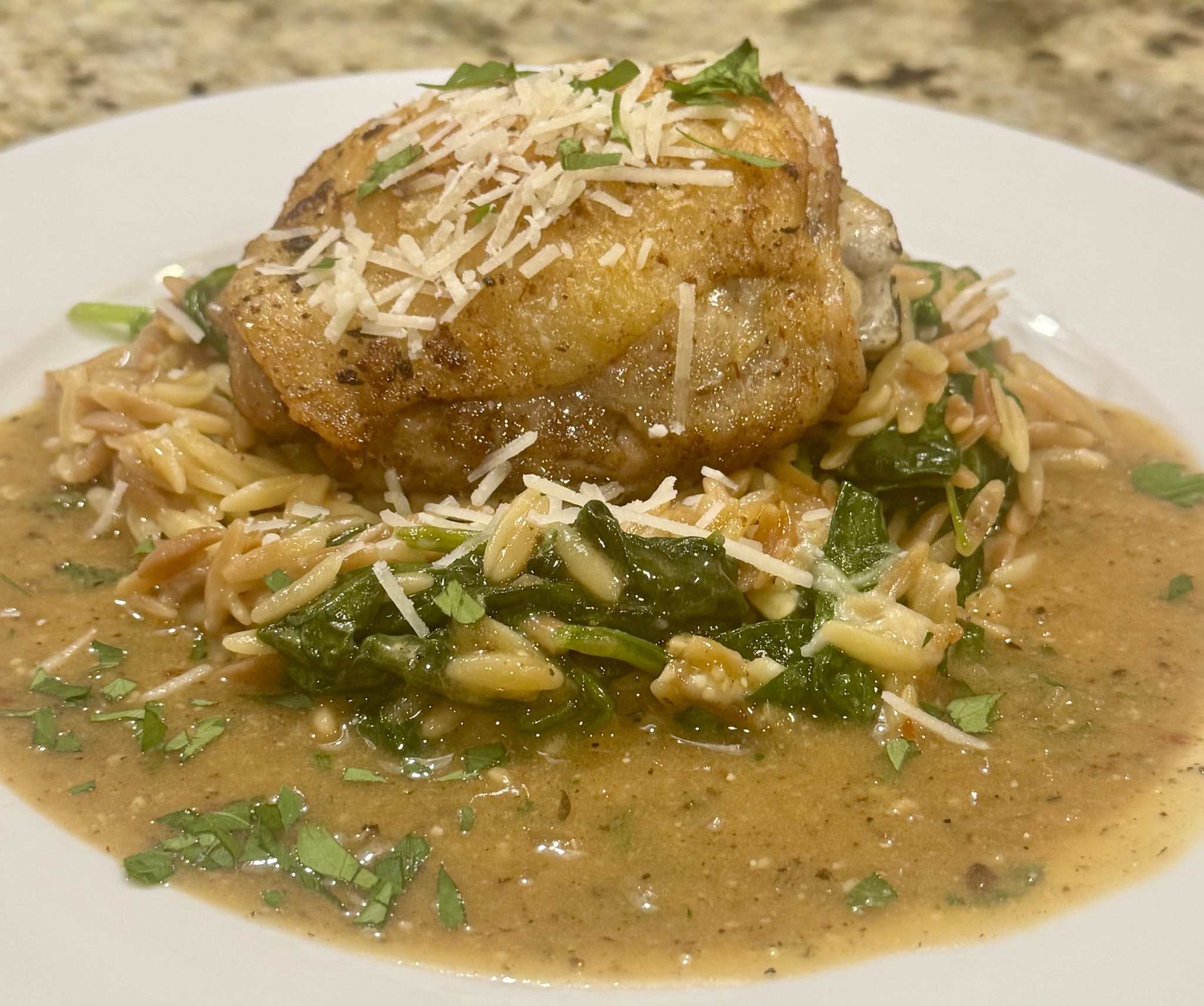 Tuesday Night Feast: Garlic Parmesan Chicken Thighs with Spinach Orzo and Savory Pan Gravy