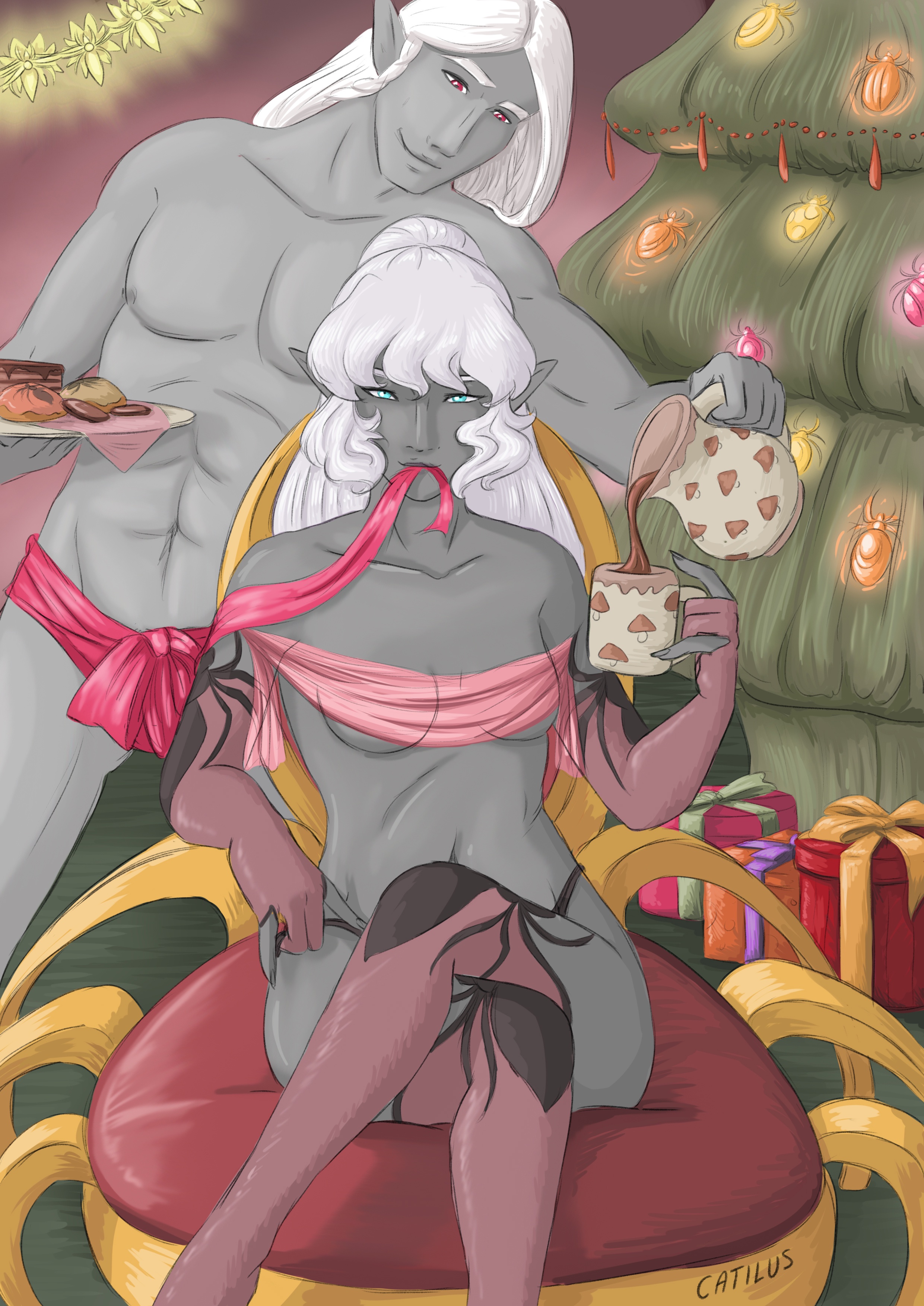 Lyrana Blackwing, the Dark Elf Bard, celebrating Spidermas in style - D&D character vibes