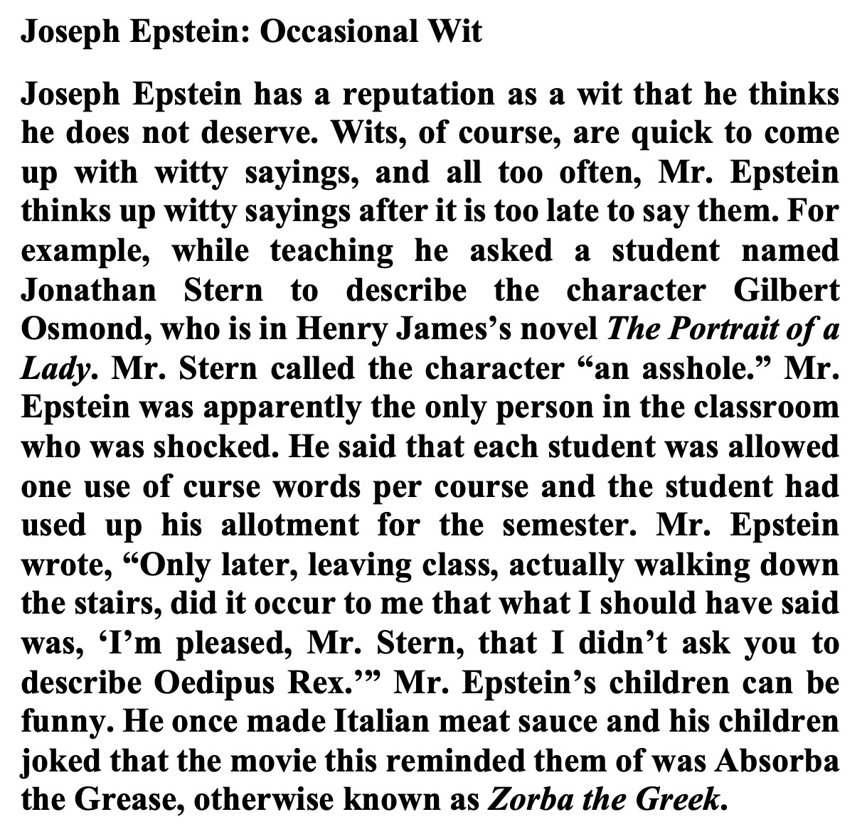 Joseph Epstein: A Glimpse of Occasional Wit