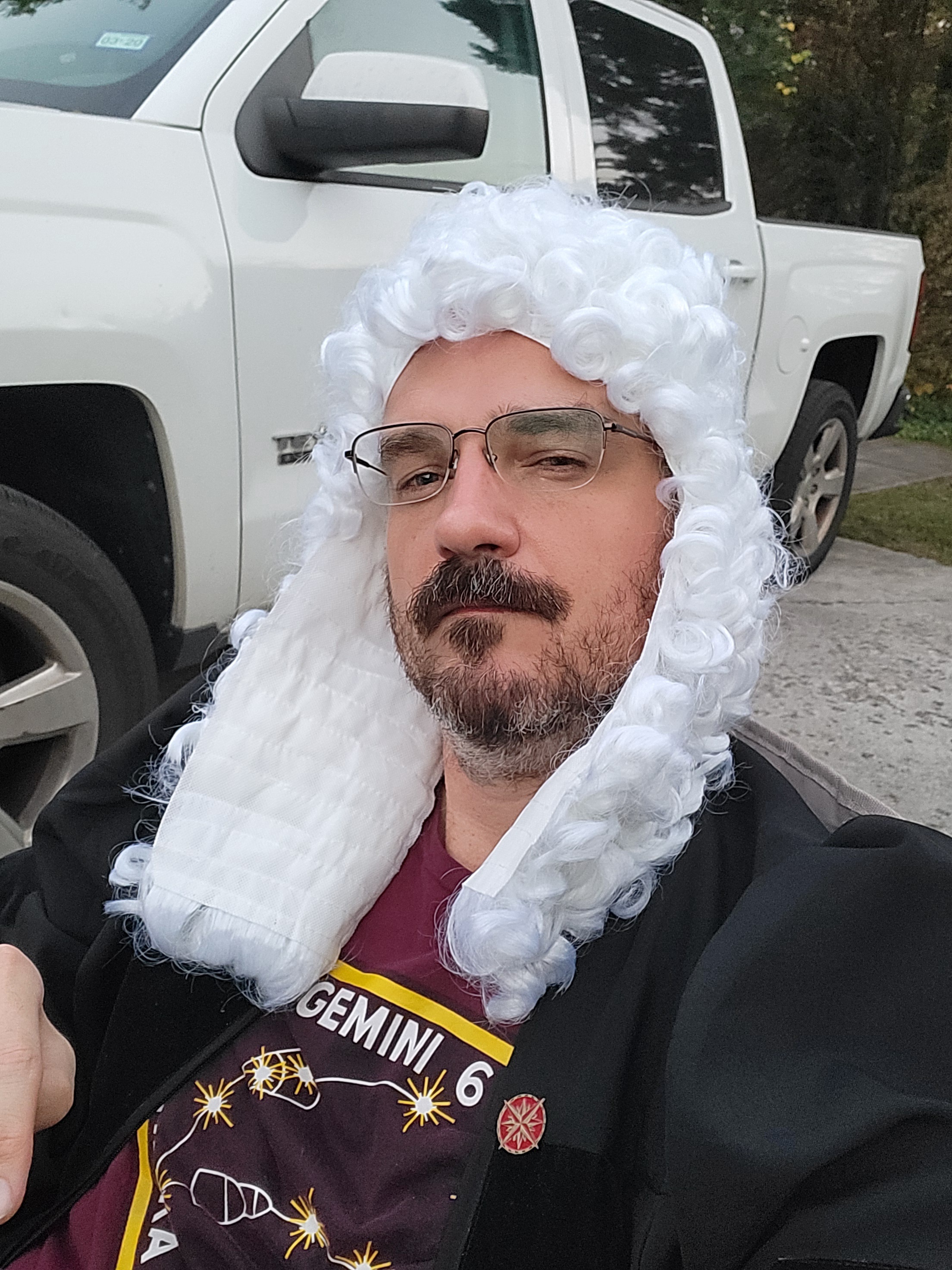 Here I am in my driveway, ready to judge kids' costumes!