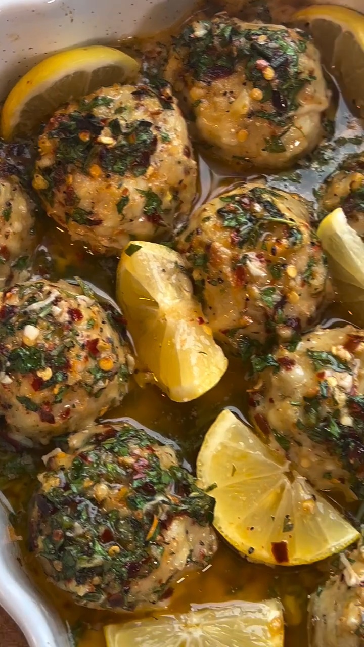 Spicy Chicken Meatballs Drenched in Zesty Chimichurri Sauce