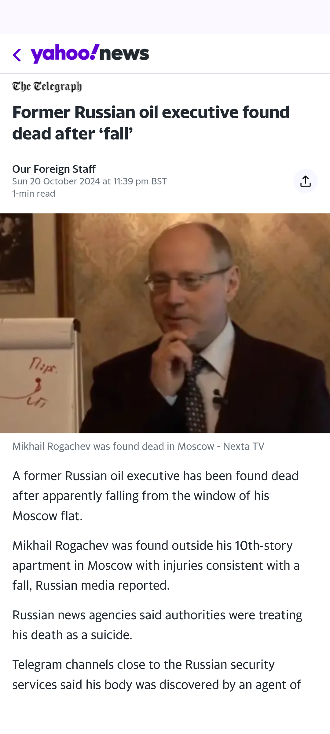 Another Russian Executive Meets a Window Mishap