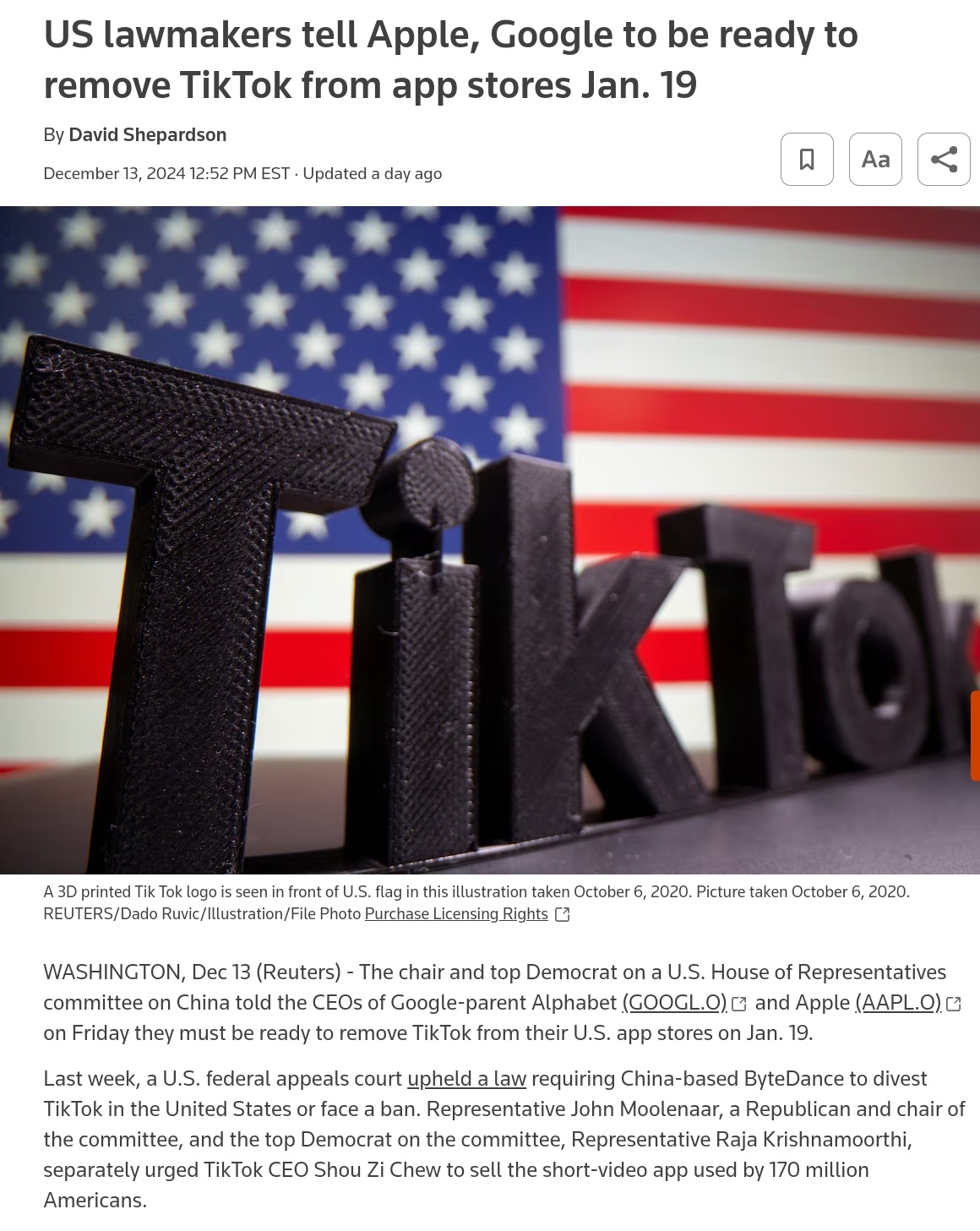 US Lawmakers Urge Apple and Google to Prepare for TikTok Removal by January 19