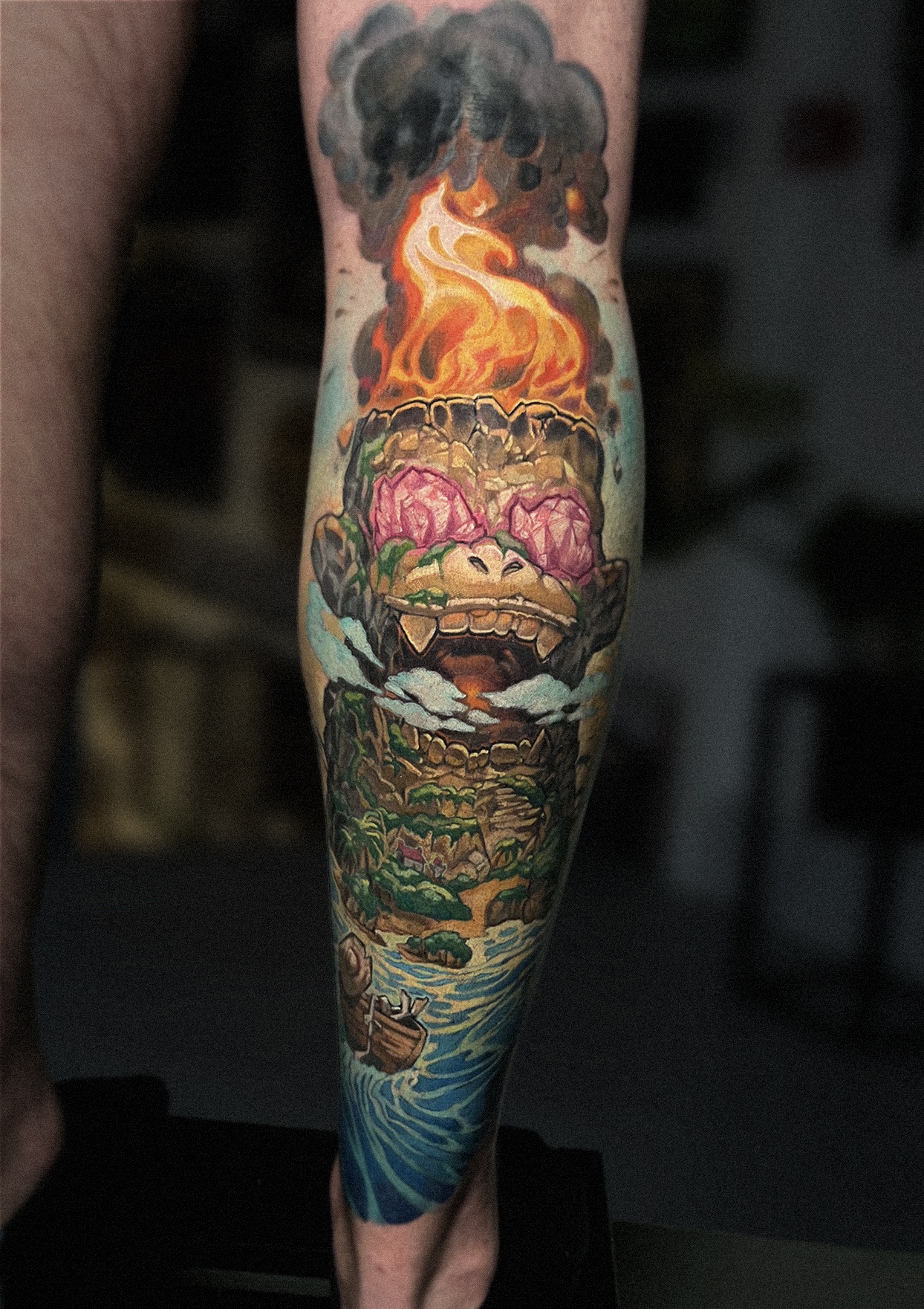 Explosive Art: Fire Erupting from the Monkey's Head - A Unique Gorillaz Tattoo