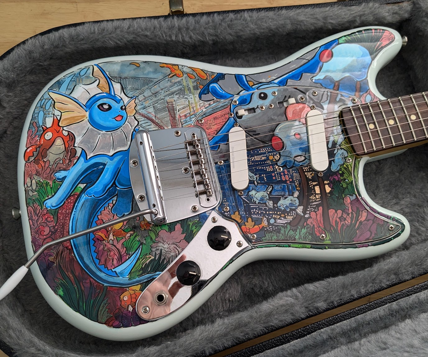 I Created Something Special: Hand-Painted Vaporeon Illustration on an Electric Guitar!