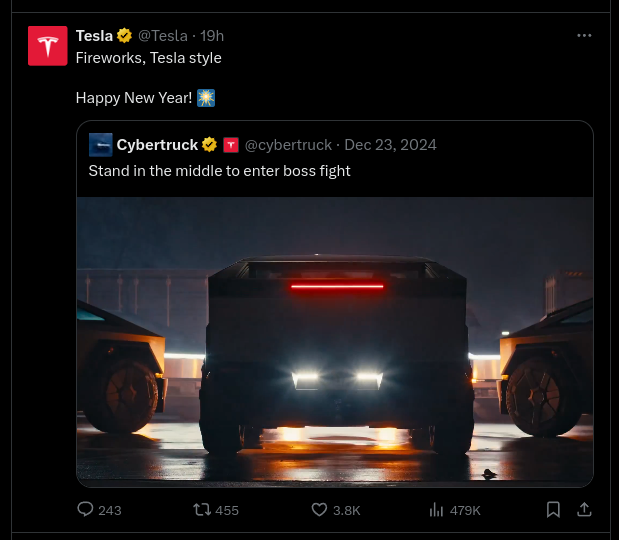 Still trending: This post remains on Tesla's Twitter feed