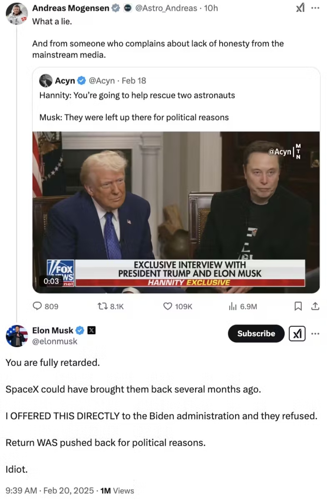 President Elona Musk and his quirky pet tangerine claim astronauts on the ISS were left behind for political reasons, then loses it when astronaut Andreas Mogensen calls him out.