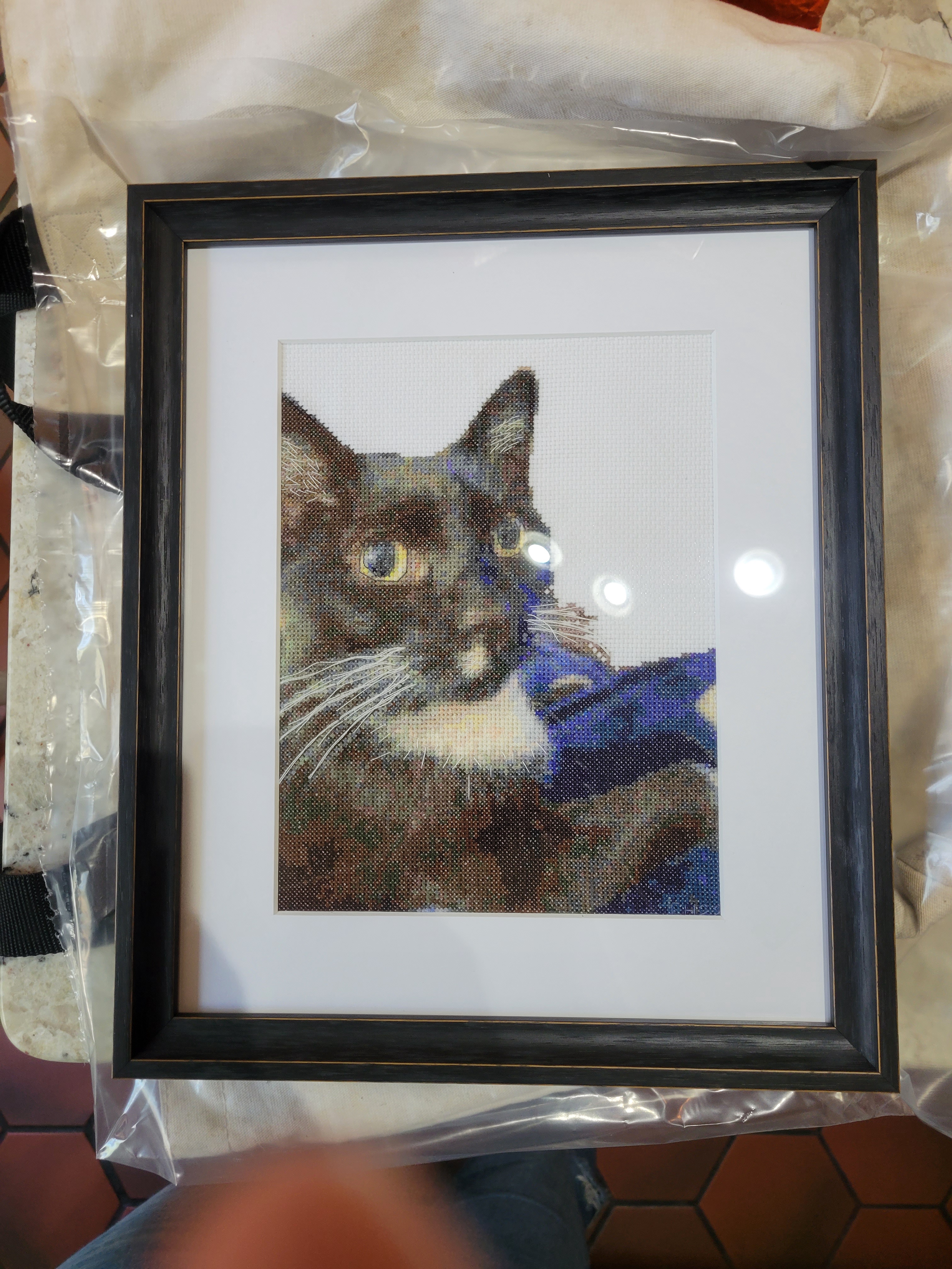 A beautifully framed cross stitch masterpiece