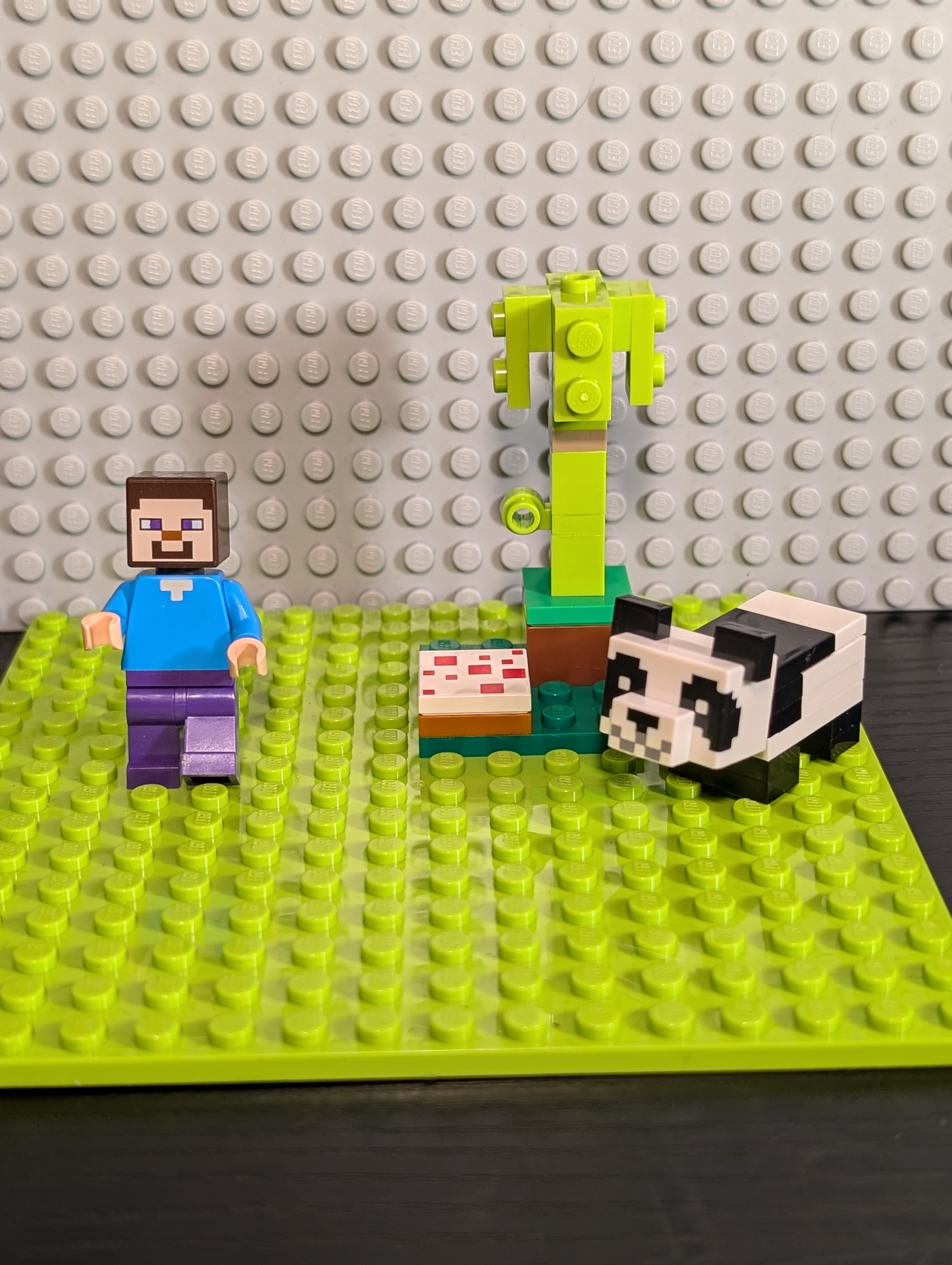 Steve and the Adorable Baby Panda in LEGO Form