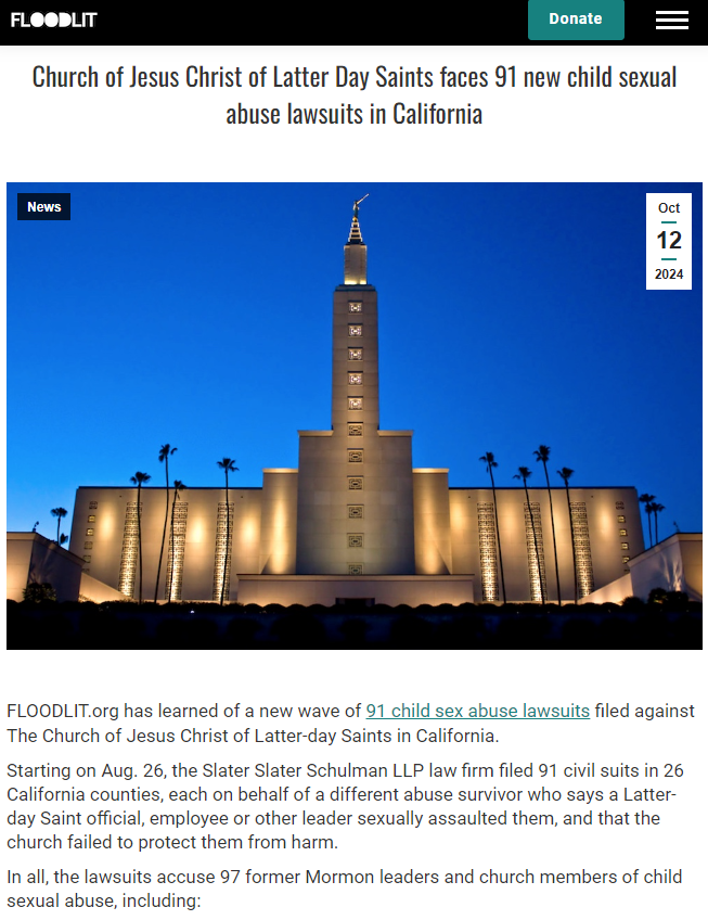 Church of Jesus Christ of Latter-Day Saints Hit with 91 New Child Abuse Lawsuits in California