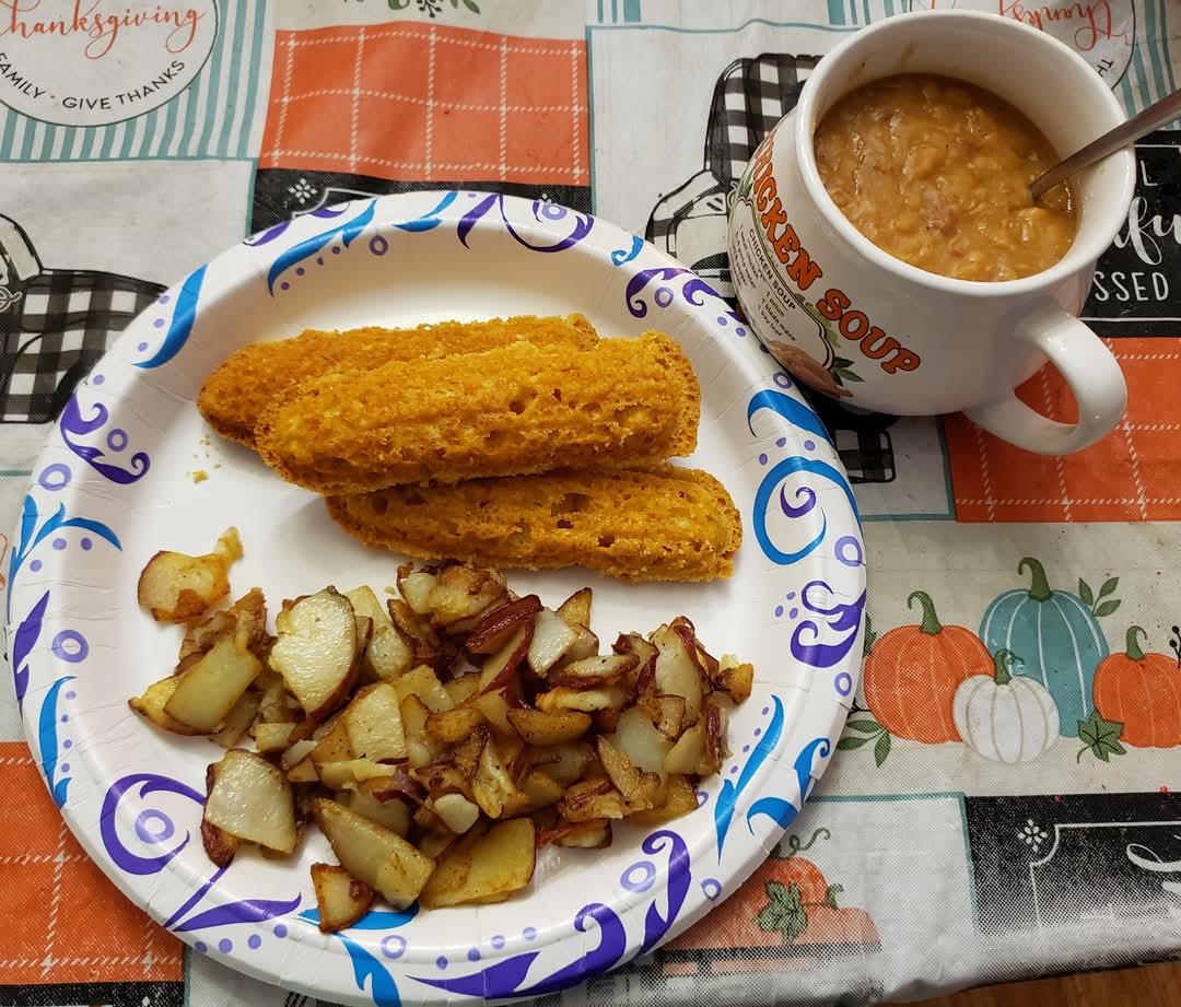 My go-to comfort meal: beans, cornbread, and fried potatoes.