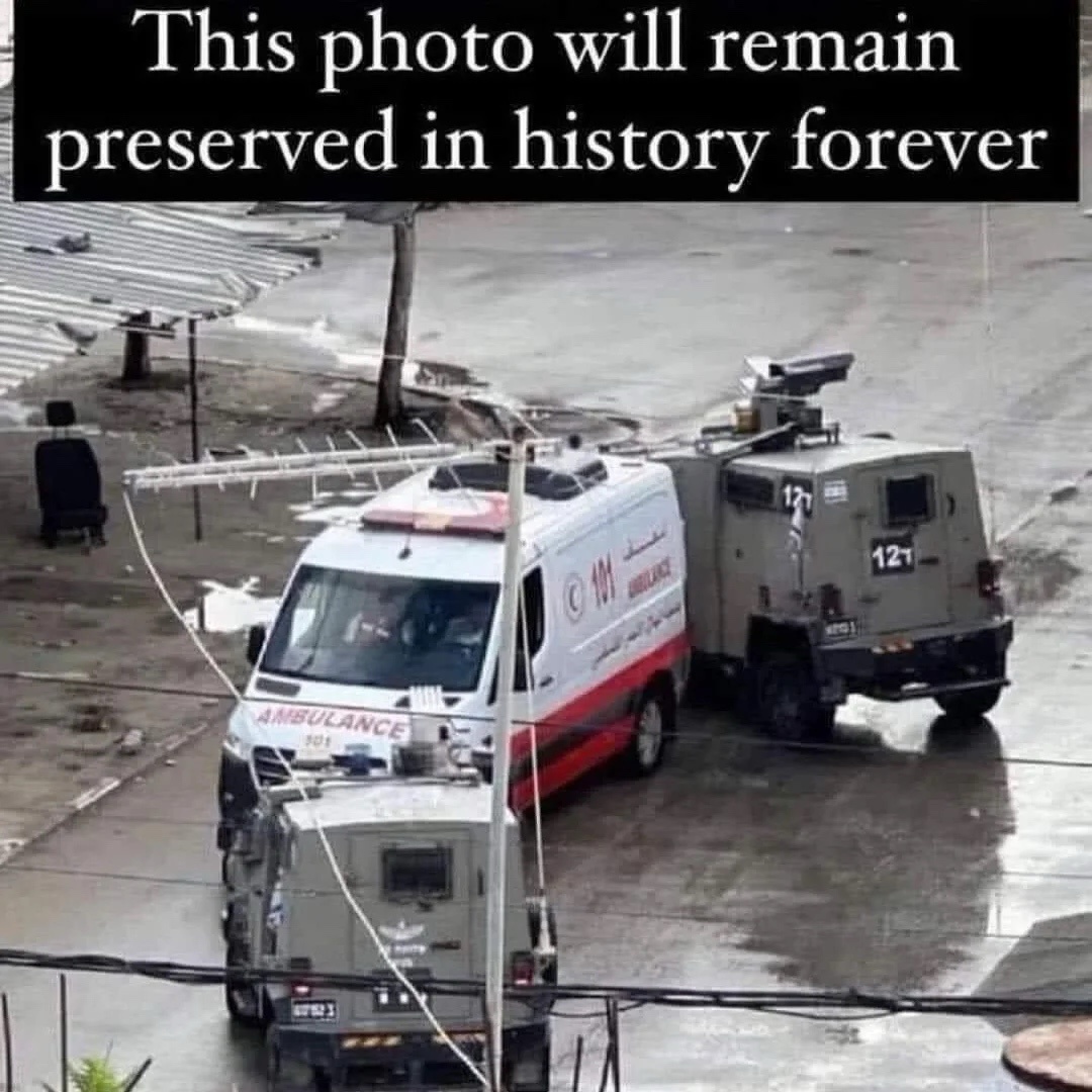 Arrest warrants issued for Netanyahu and Gallant: Here’s a shocking image of IDF vehicles obstructing an ambulance in Gaza. Justice may be slow, but it’s coming for you, Benny.