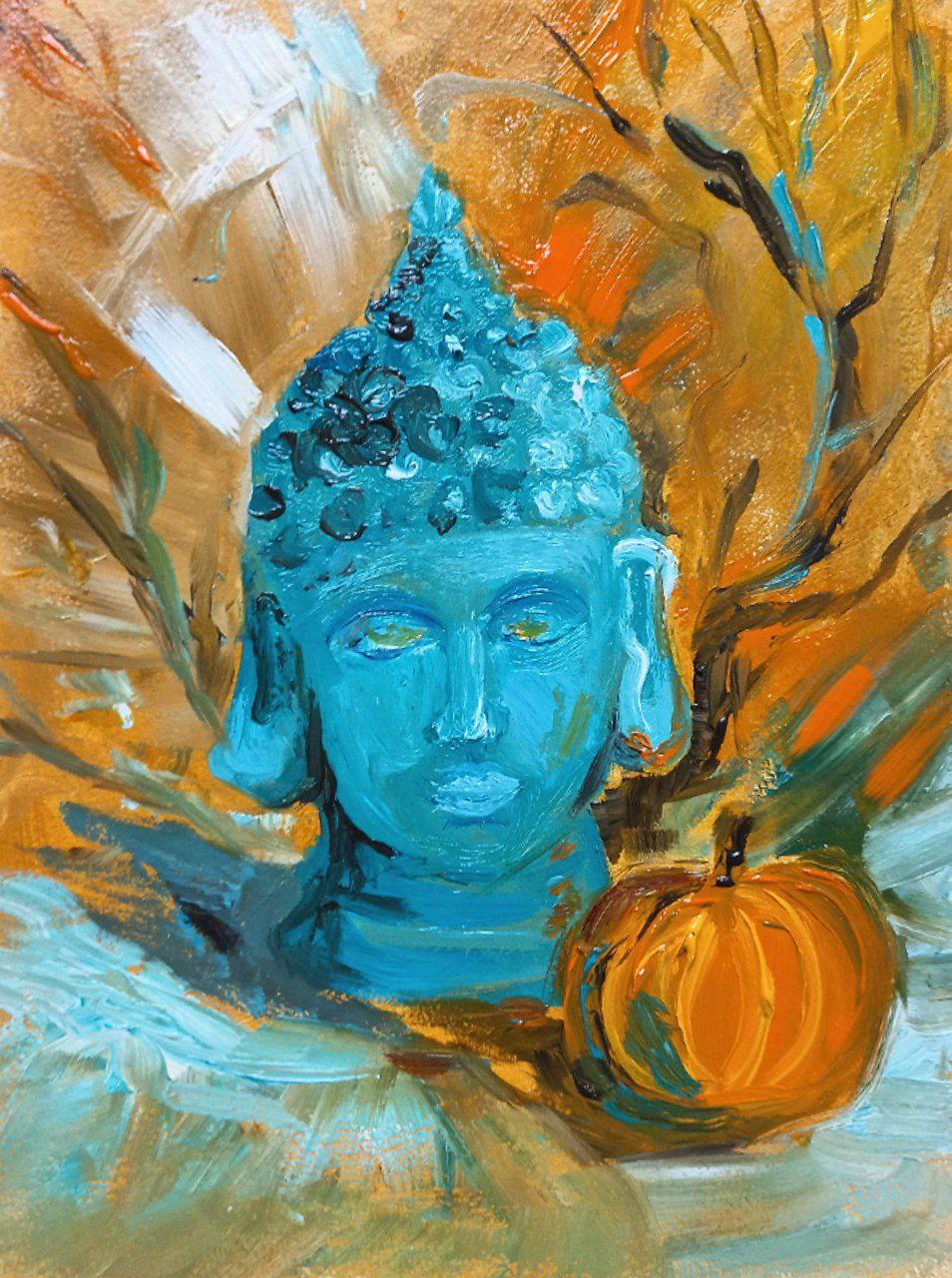 My Oil Painting: A Serene Still Life Featuring Buddha's Head