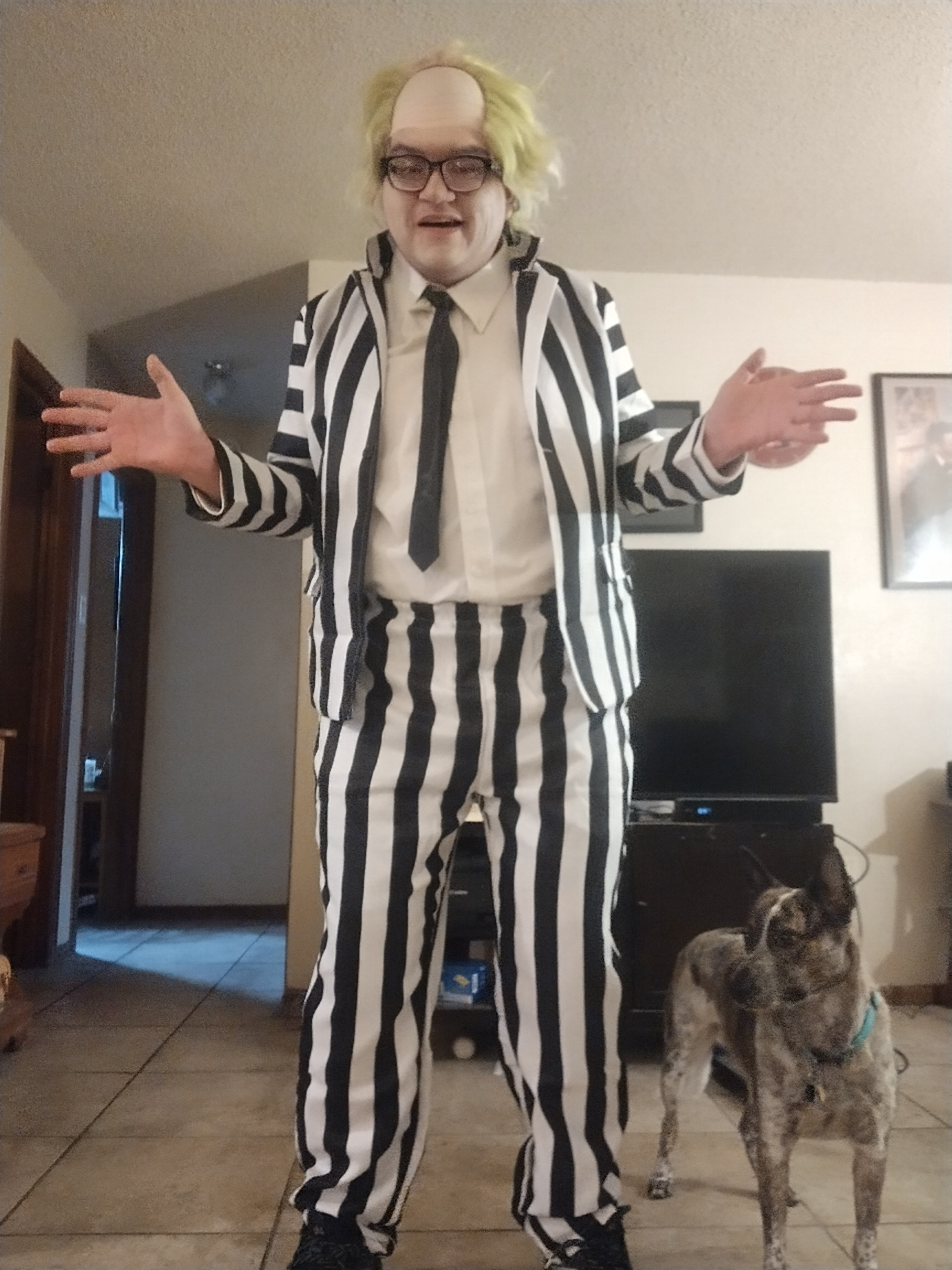 The Juice is Loose! Check Out My Beetlejuice Costume with My Dog Elsa Joining the Fun!