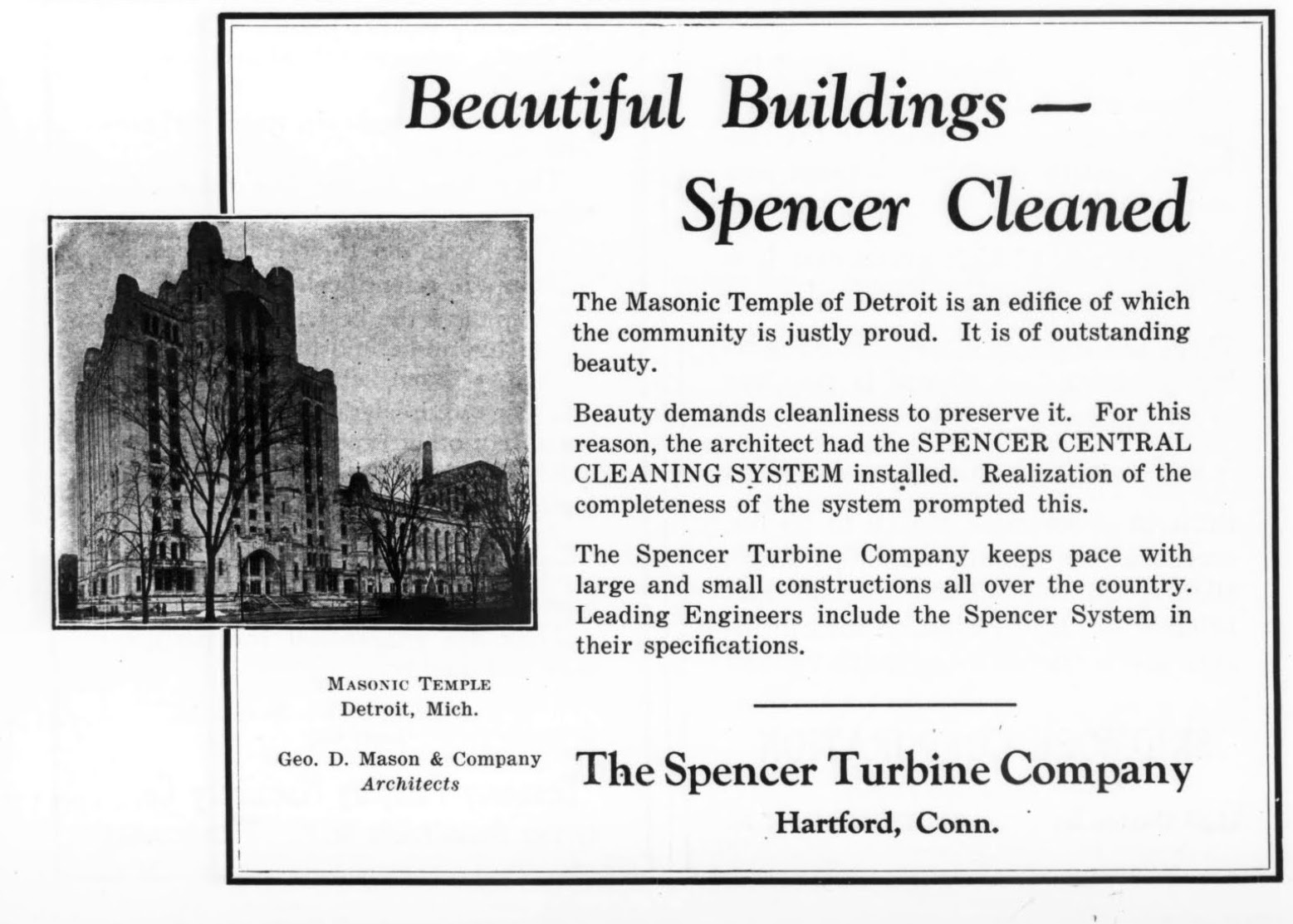 1926 Ad for the Spencer Central Vacuum System at the Detroit Masonic Temple