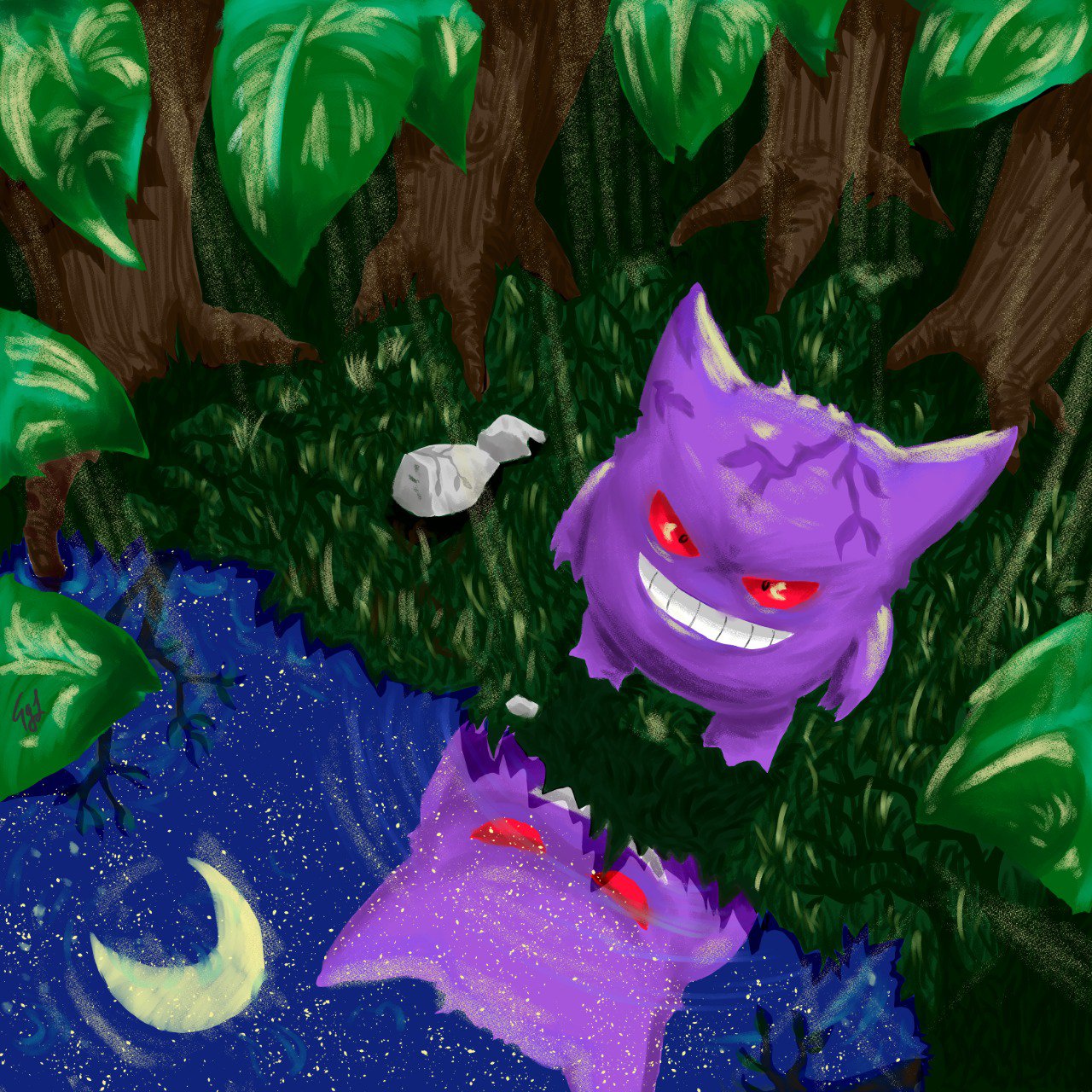 Gengar Chilling by the Lake Under the Moonlight