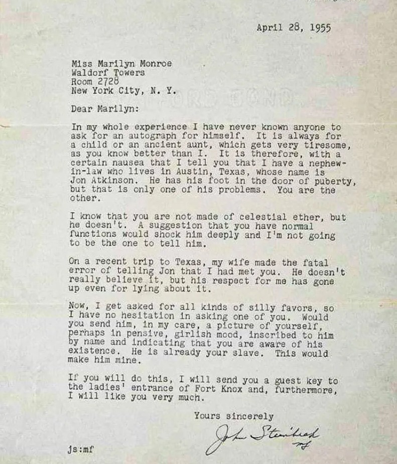 History Remains Silent on Whether Monroe Sent Steinbeck's Nephew a Thoughtful Autographed Photo