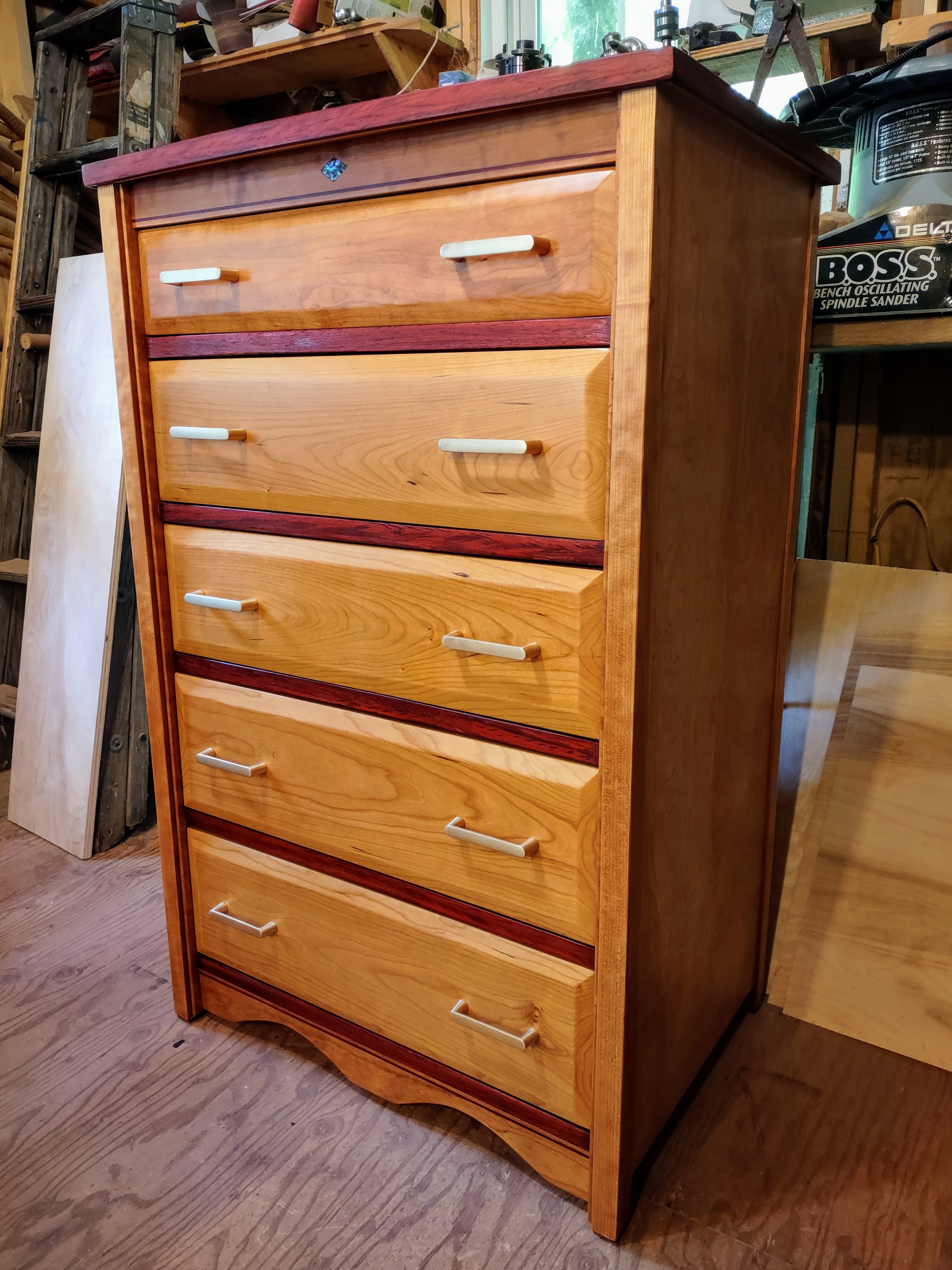 Stunning Cherry Tallboy Dresser with Exotic Wood Accents